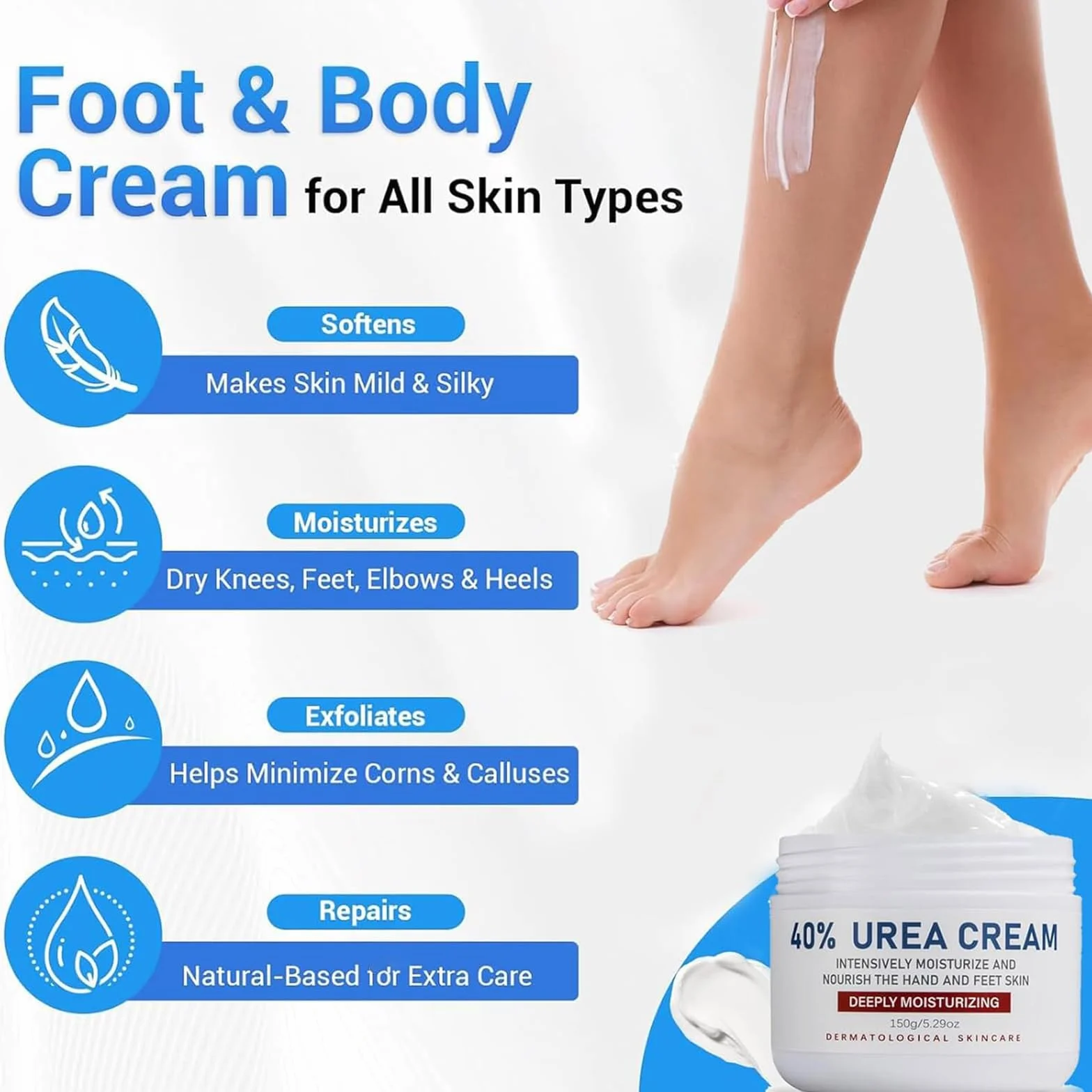 Crème à l'Urée 40% pour les Pieds, Réparatrice Hydratante Peau Sèche Craquelée, 150g