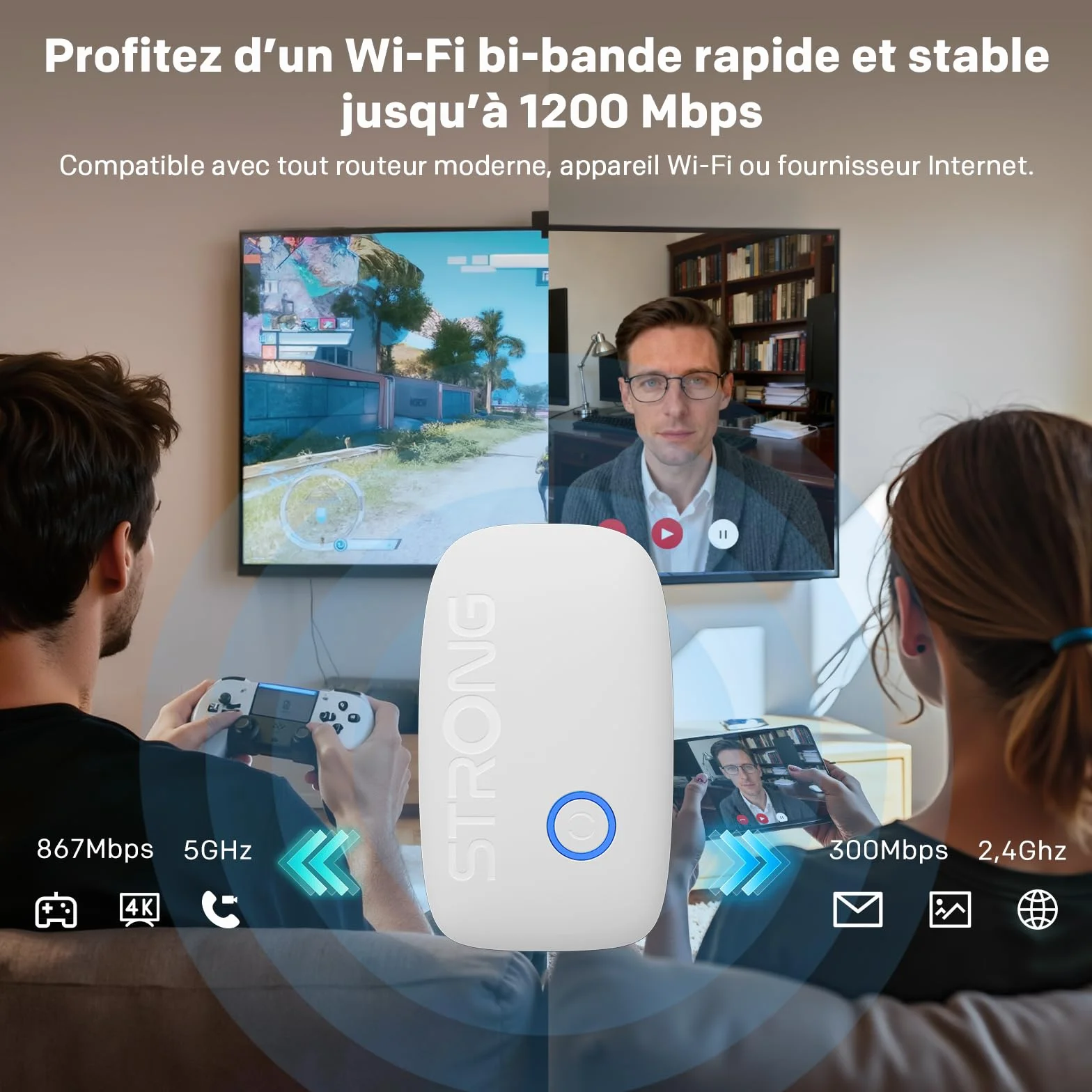 Répéteur WiFi AC1200 pour Prise Murale, Amplificateur WiFi Dual Band avec WPS et Port LAN