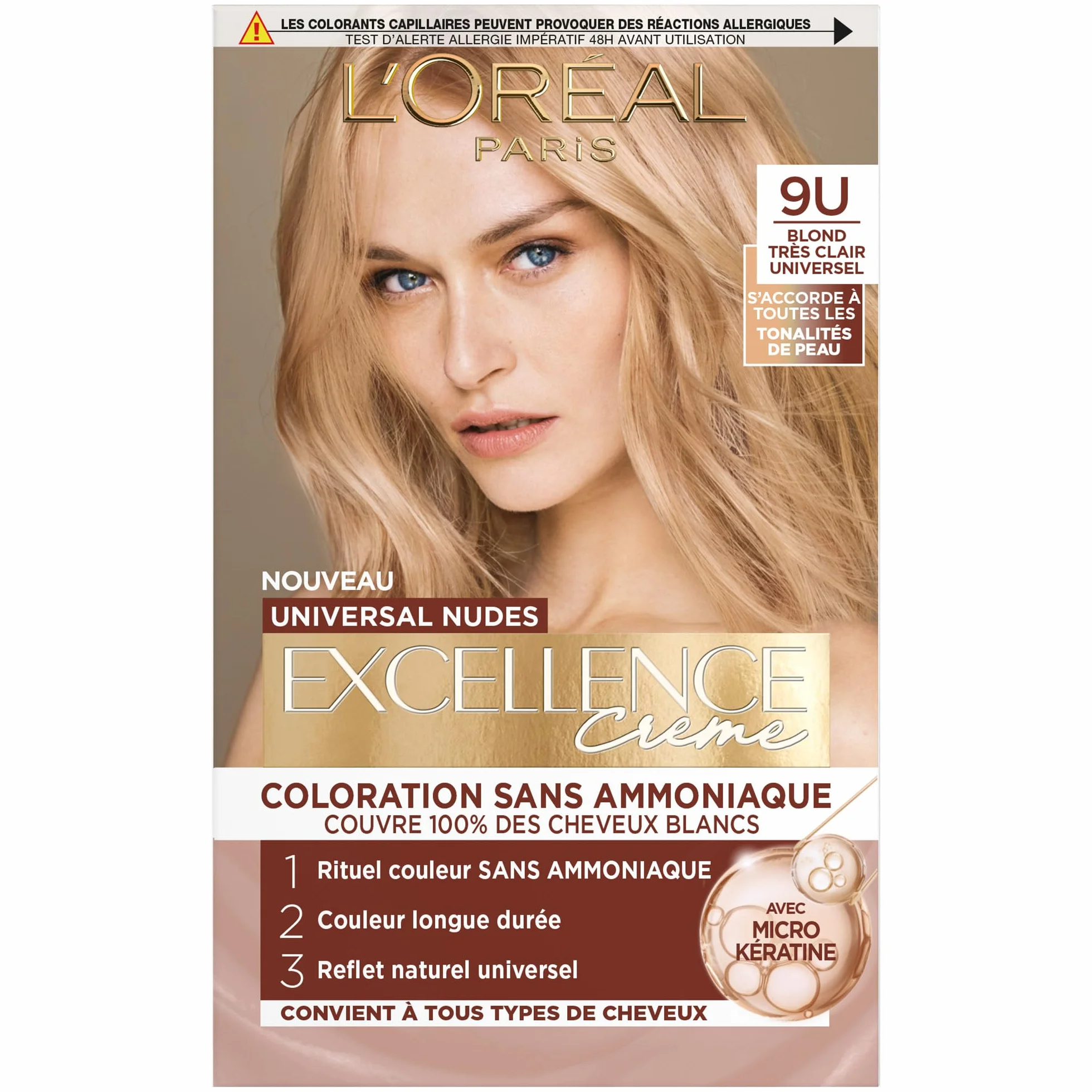 L’ORÉAL PARIS Excellence Crème Universal Nudes Coloration Cheveux Permanente Blond Très Clair Universel (9U) 100% Cheveux Blancs
