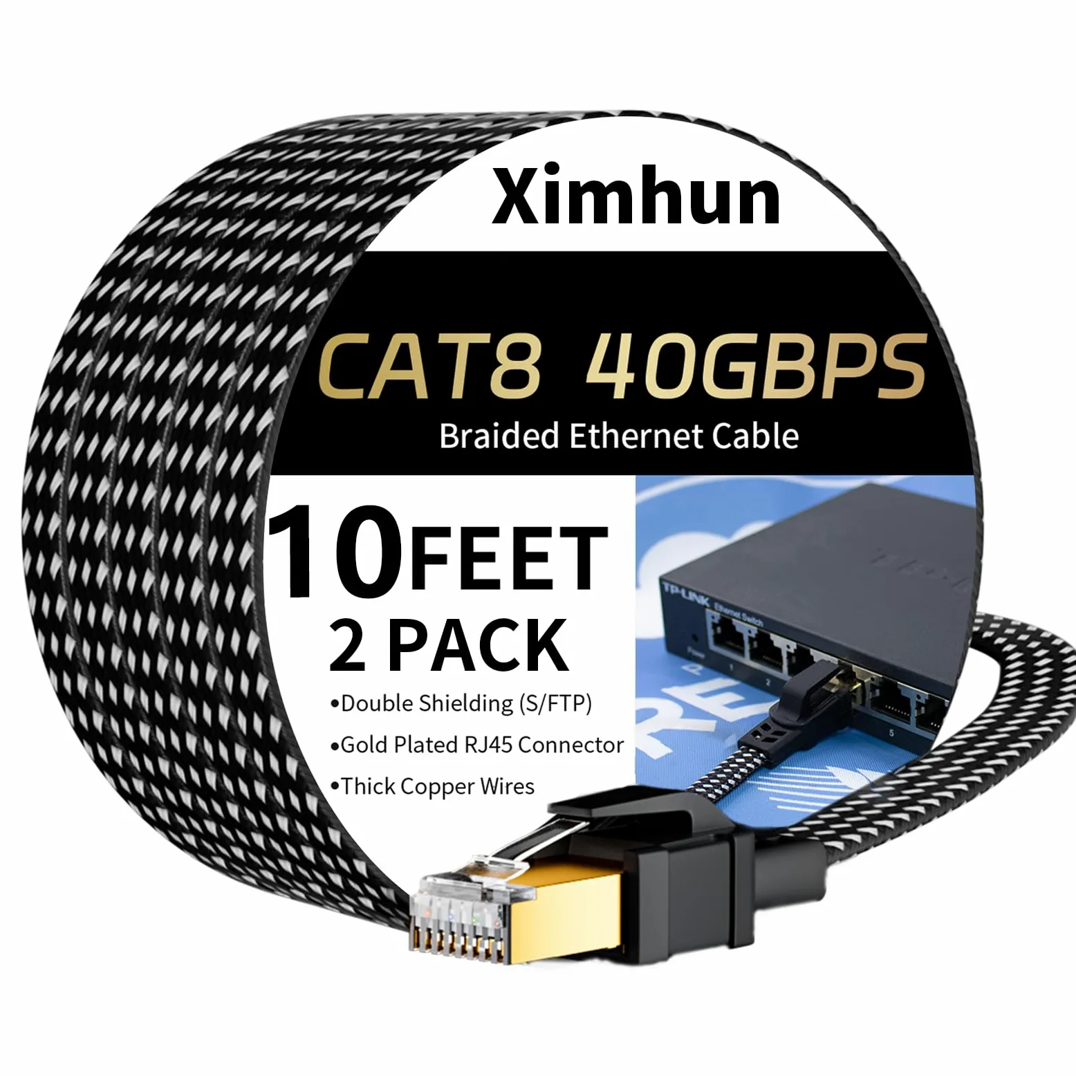 Lot de 2 câbles Ethernet Cat 8, 3 m, câble réseau Internet haut débit | Câble LAN tressé avec connecteur RJ45, 40 Gbit/s 2000 MHz pour intérieur et extérieur pour modem/routeur/jeu/PC