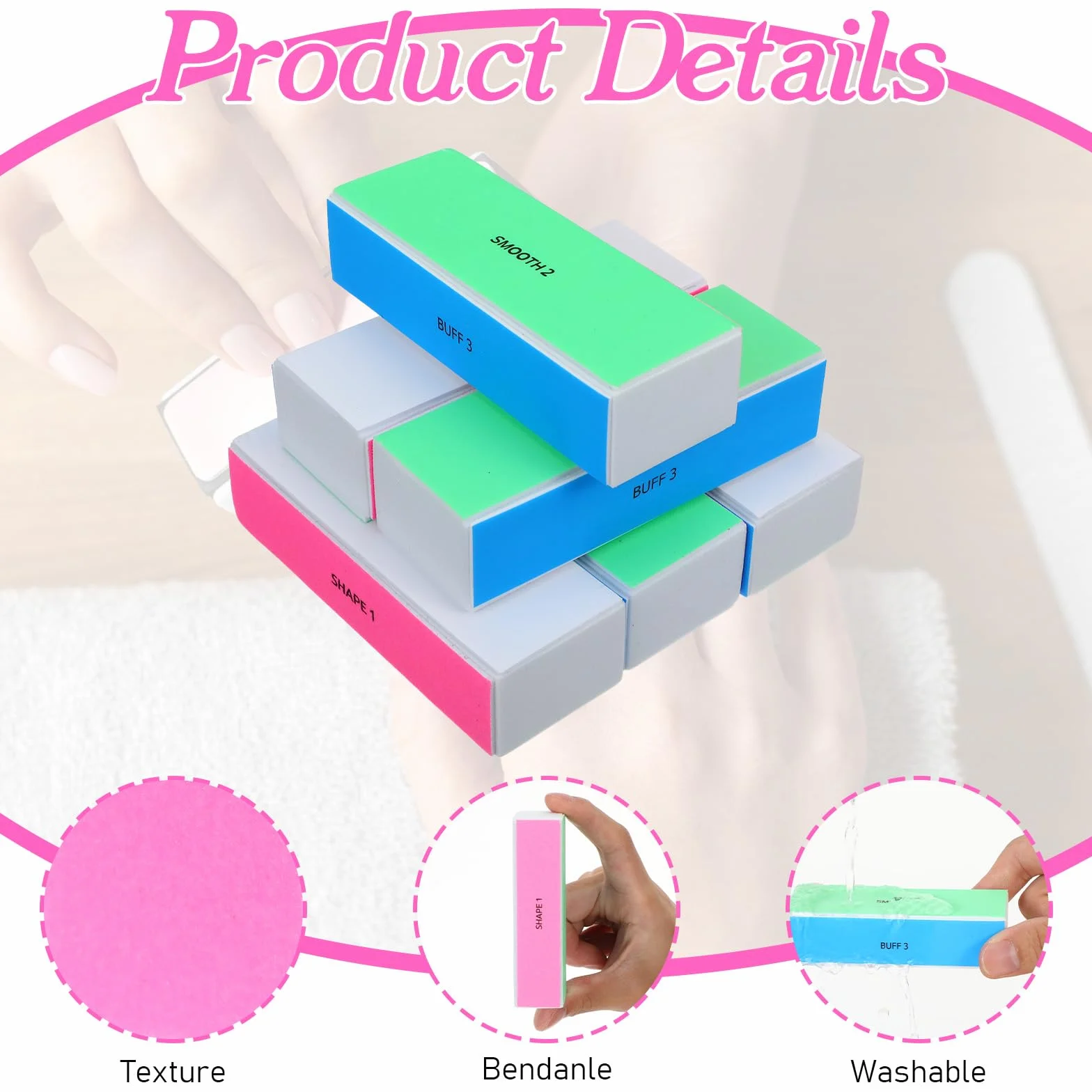 Lot de 6 polissoirs à ongles multicolores, bloc lime 4 surfaces pour limer polir lisser ongles
