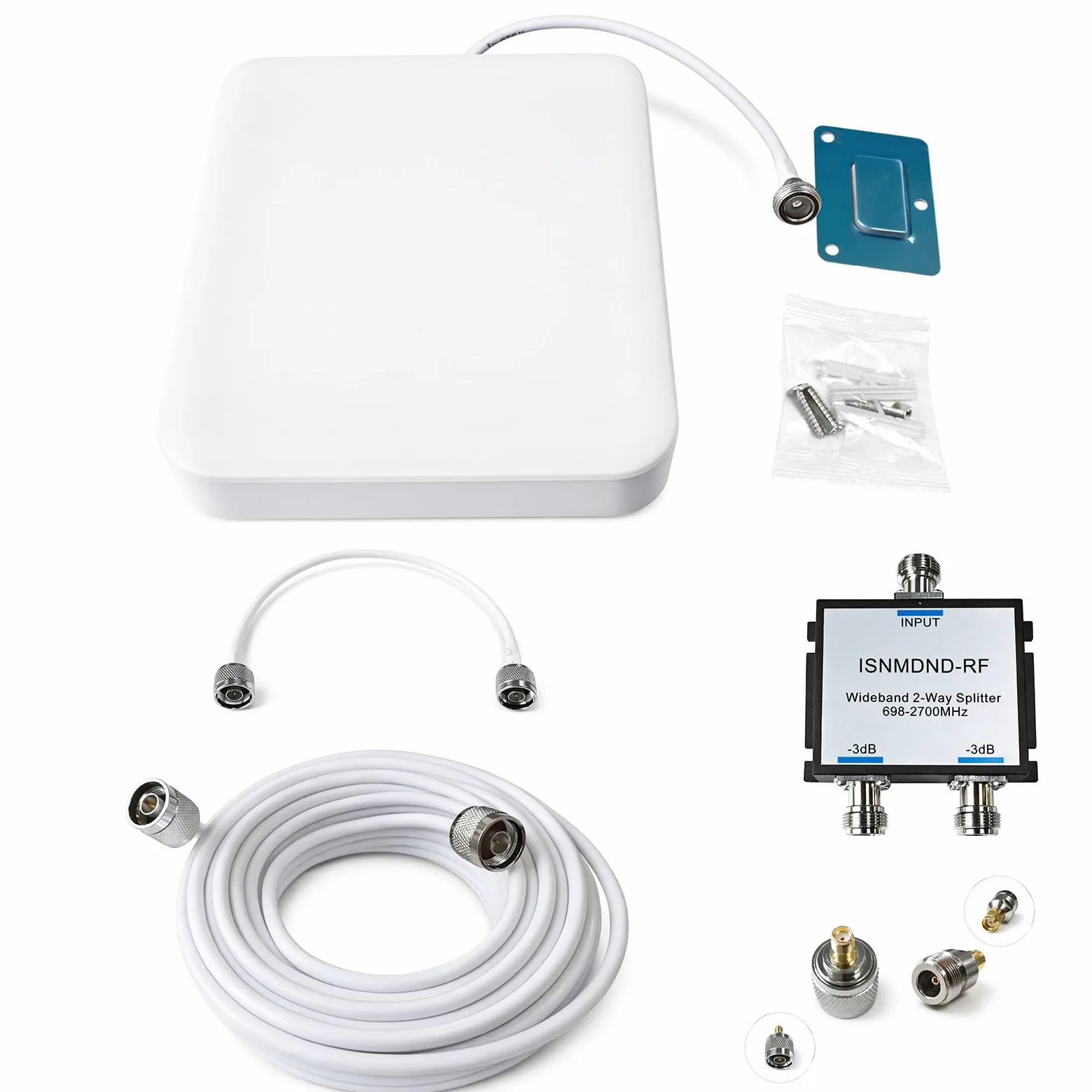 Kit d'antenne de panneau d'intérieur 698-2700 MHz 5-7 dBi avec répartiteur 2 voies, câble coaxial 3D-FB à faible perte de 15,2 m, câble de démarrage de 30,5 cm, adaptateurs SMA vers N & N vers SMA