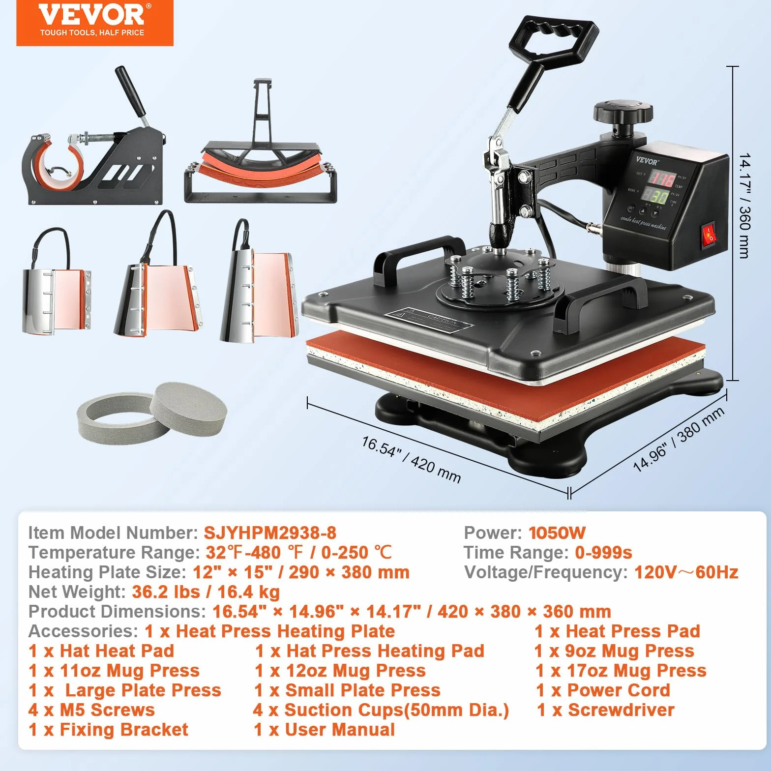 VEVOR Presse à Chaud Numérique 8 en 1, Machine de Sublimation Textile 29x38 cm pour T-shirts Mugs Casquettes Assiettes