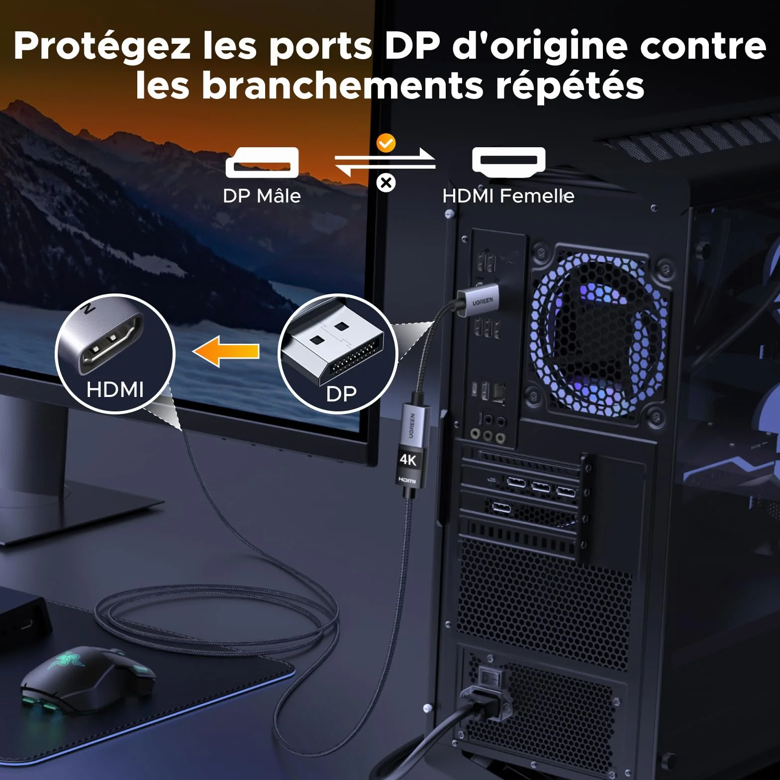 UGREEN Adaptateur DisplayPort vers HDMI 4K 30Hz 2K 60Hz Convertisseur DP Mâle vers HDMI Femelle Nylon Tressé