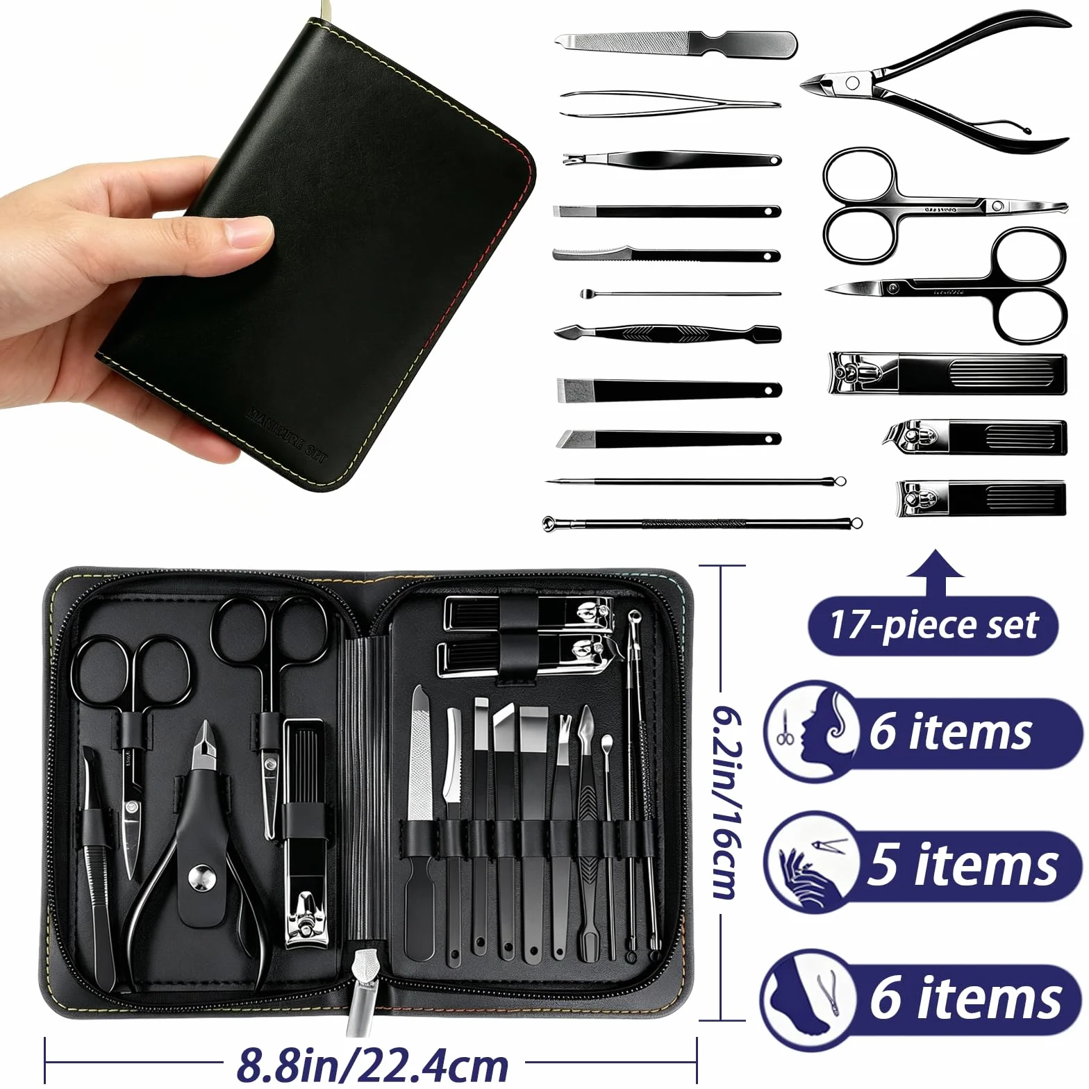 Professionnel Kit de Manucure et Pédicure 17-en-1, Acier Inoxydable, Portable