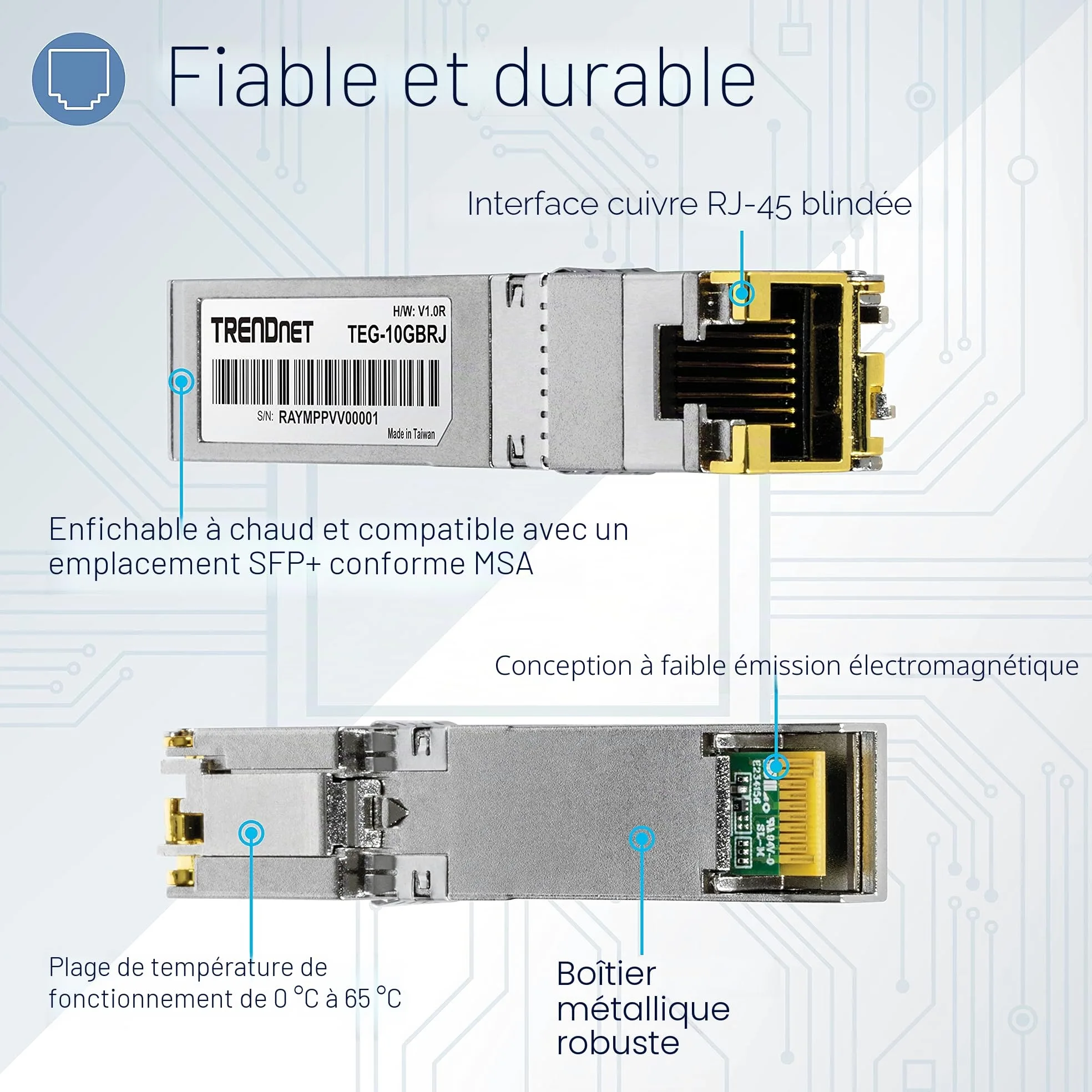 TRENDnet Module SFP+ en cuivre RJ-45 10 G, convertit Un Emplacement SFP+ Standard en Un Port RJ-45 Multi-Gigabit, connecte des appareils jusqu'à 30 m, branchable à Chaud, argenté, TEG-10GBRJ