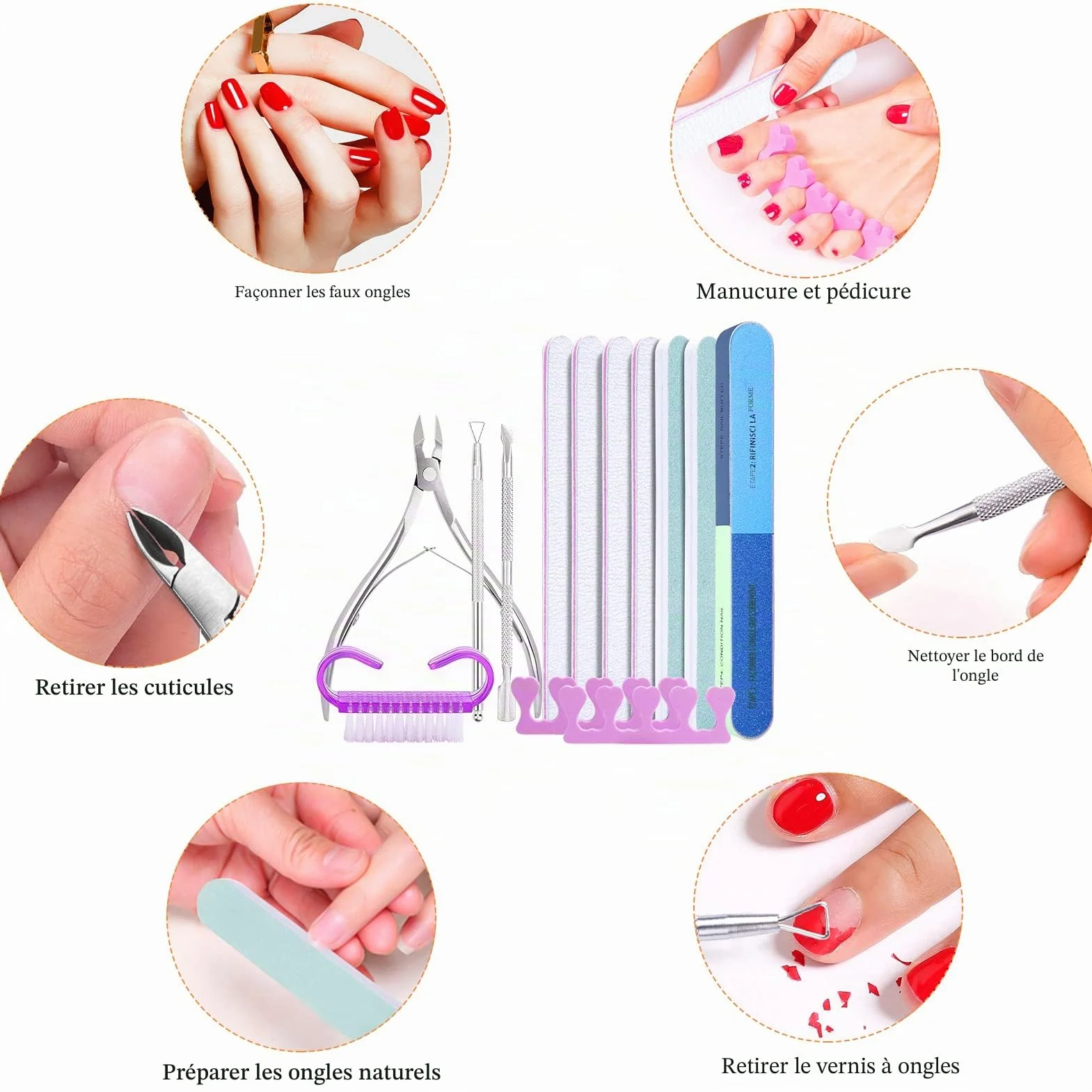 Kiiwah Lot de Limes à Ongles Professionnelle 13pcs avec Pousse Cuticule, Bloc Polissoir 7 Faces, Brosse et Séparateur