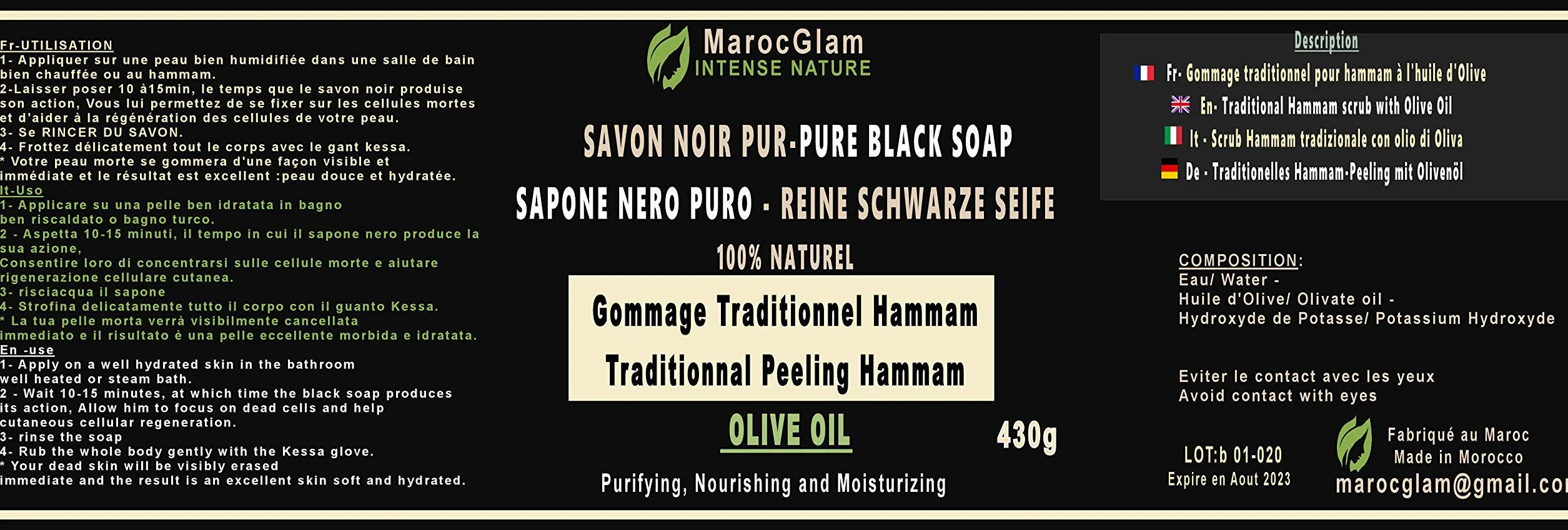 Savon Noir Gommage 470g + Gant Kessa OFFERT à l'huile d'olive 100% Naturel Hammam et Spa