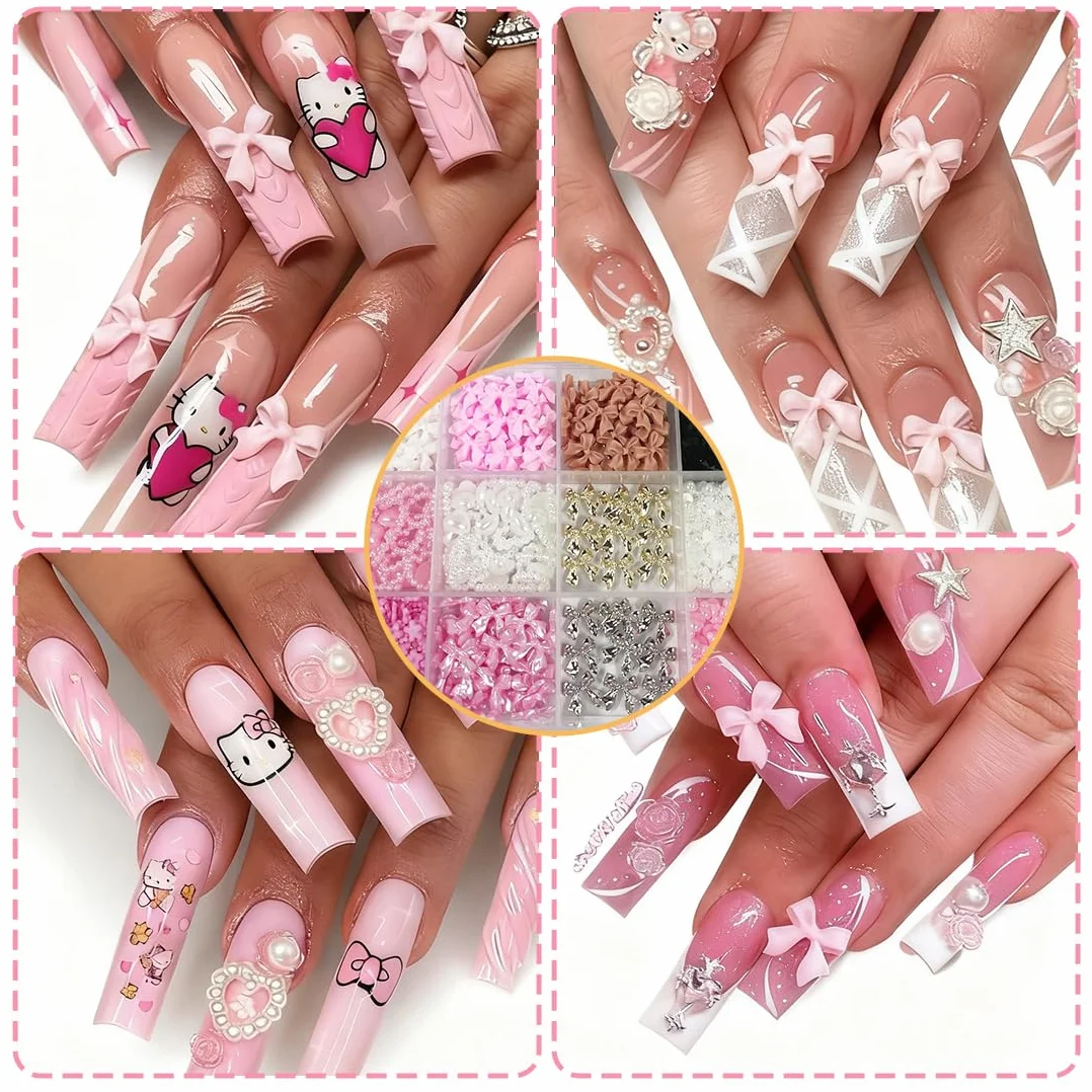 Set Charms Ongles 12 Compartiments 3D Noeud Papillon Résine Perles Cœur Fleur Crayon Cire Pince Strass