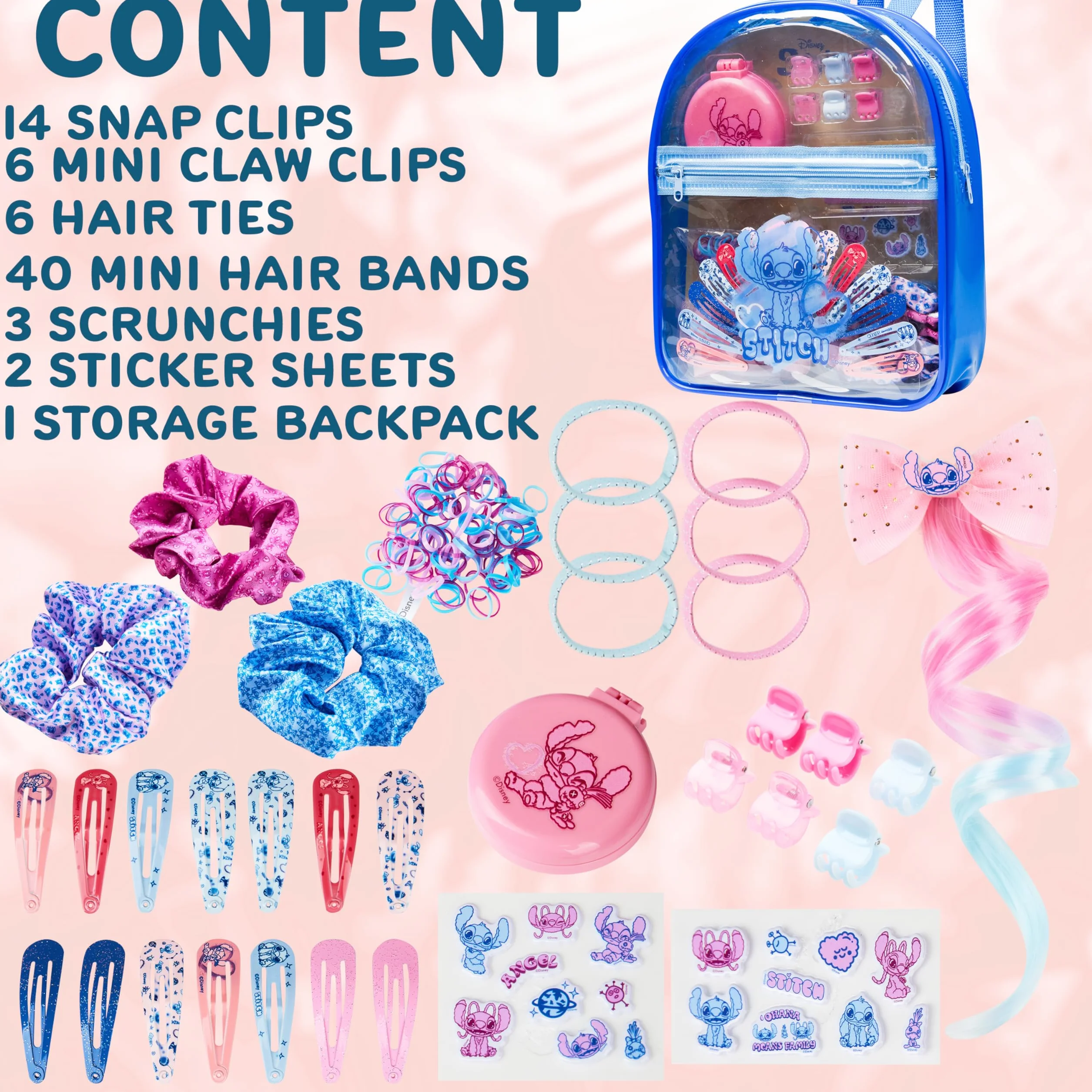 Disney Stitch Coffret Accessoires Cheveux Fille Sac à Dos Transparent Barrettes Stickers Brosse Pliable Chouchous Cadeau Enfant Bleu