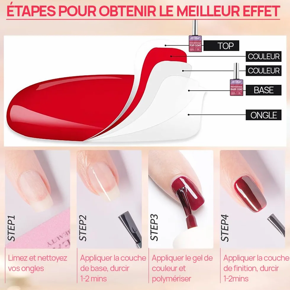 INTOBAS Base et Top Coat Vernis Semi Permanent 2x15ML Kit UV LED Gel Manucure Longue Durée Nail Art