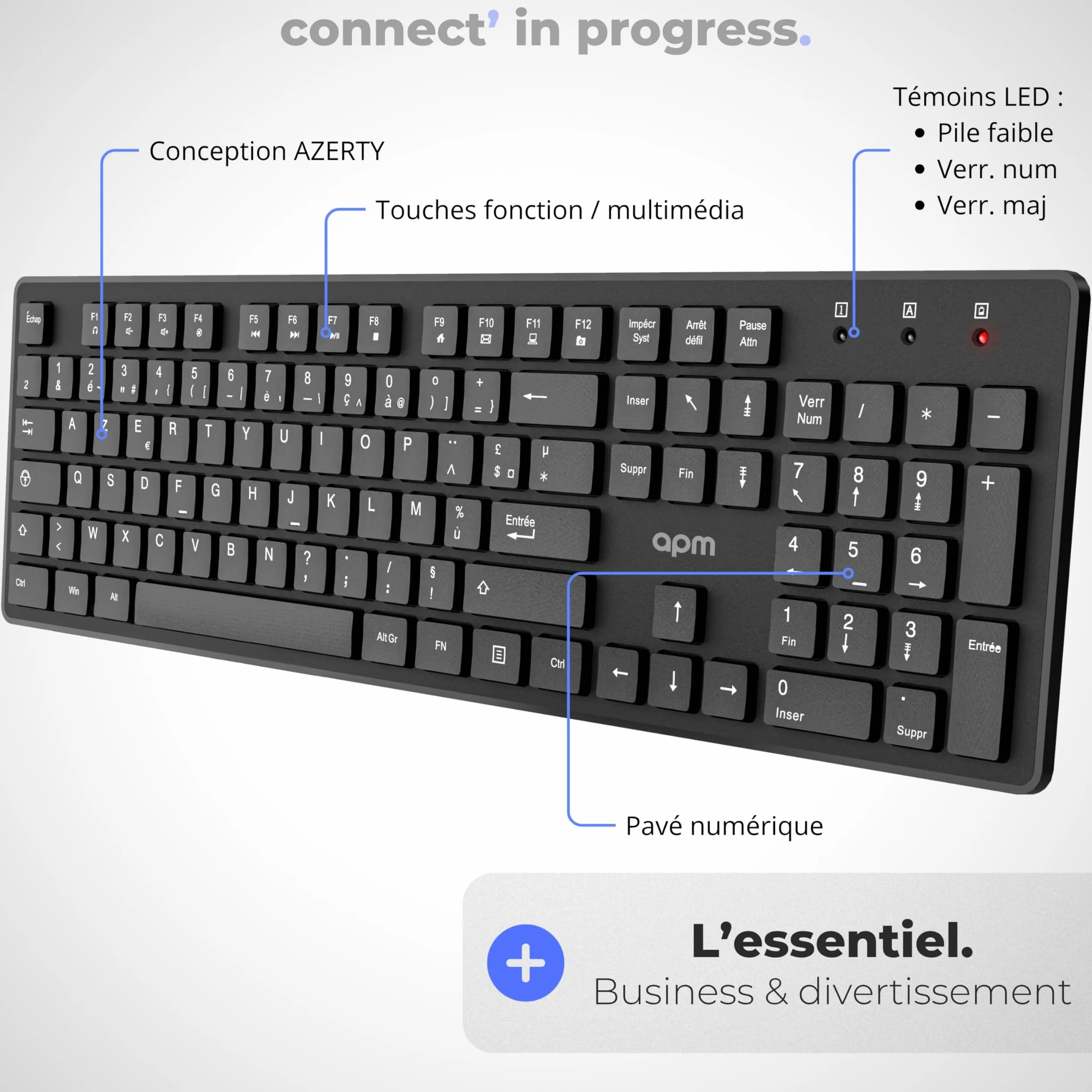 APM Clavier Sans-Fil AZERTY 2.4GHz 105 Touches Ergonomiques Compatible PC Portable MacOS Windows Linux