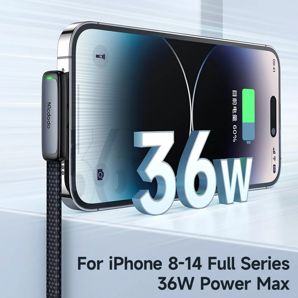 mcdodo Câble USB C vers Lightning 36 W - Chargeur court à 90° en nylon - Pour iPhone 14, 13, 12, 11, XS, XR, X, 8, 7, 6s, 6, iPad