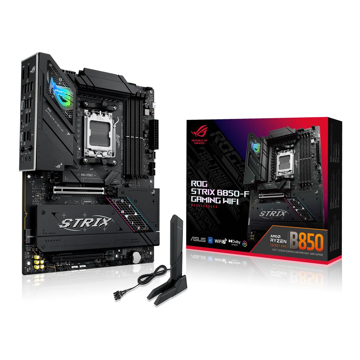ASUS ROG Strix B850-F Carte mère AMD AM5 B850-F ATX 16+2+2 Power Stages, AI PC, DDR5 AEMP, WiFi 7, 4X M.2, PCIe 5.0, prise en charge totale de 19 USB, 20 Gbit/s Type-C, AI Networking II, Aura Sync