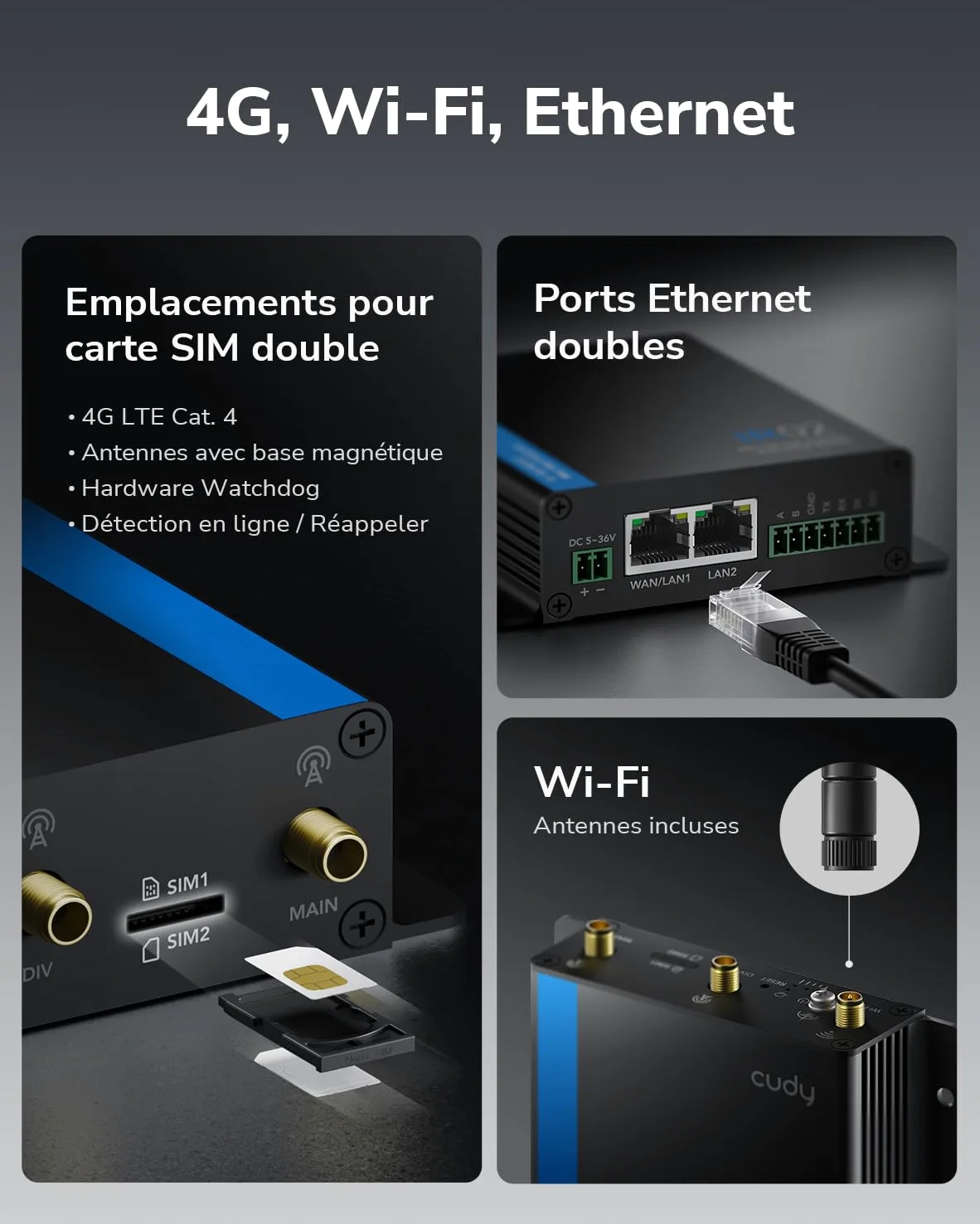Cudy Routeur Wi-FI Industriel 4G LTE Cat 4 N150, RS232/485, E/S, IR02 | Boîtier métallique IP30 avec une plage de température de fonctionnement comprise entre -40 et 75 °C et une protection CEM de