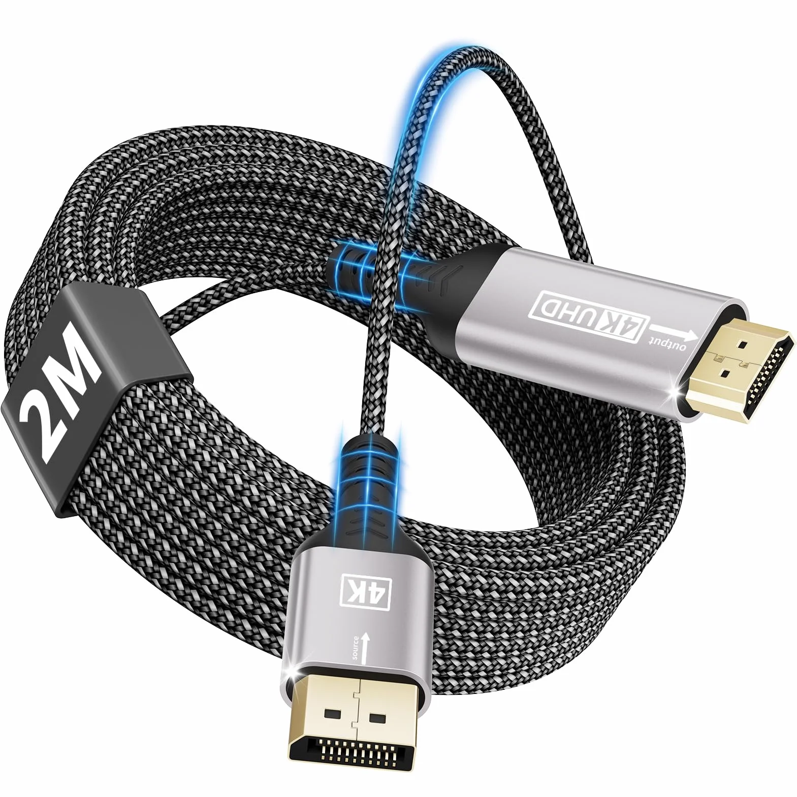 Câble DisplayPort vers HDMI 4K 2M Unidirectionnel DP Mâle UHD 4K@30Hz Nylon pour Dell Lenovo HP