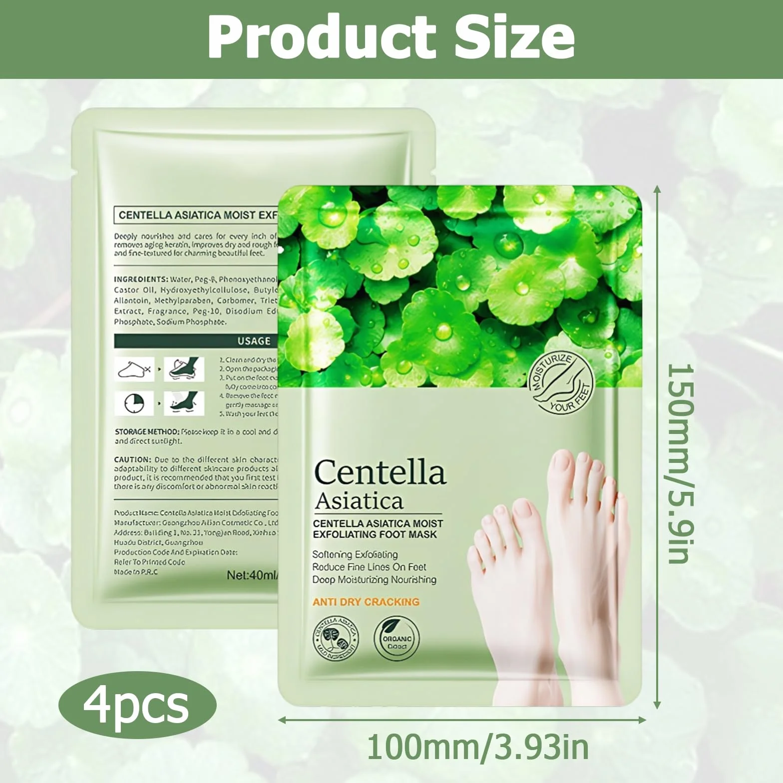 Masque Pieds Peeling Exfoliant 4 Paires, Centella Asiatica, Pieds Très Secs, Soin Nourrissant