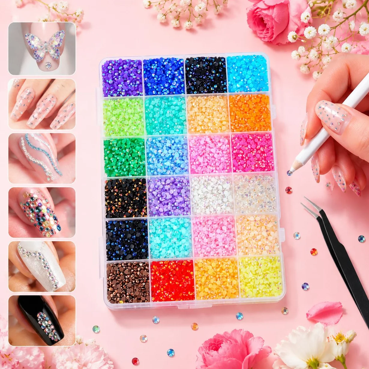 Strass pour ongles 3 mm 24 couleurs 19200 pcs kit DIY avec pince à épiler et stylo