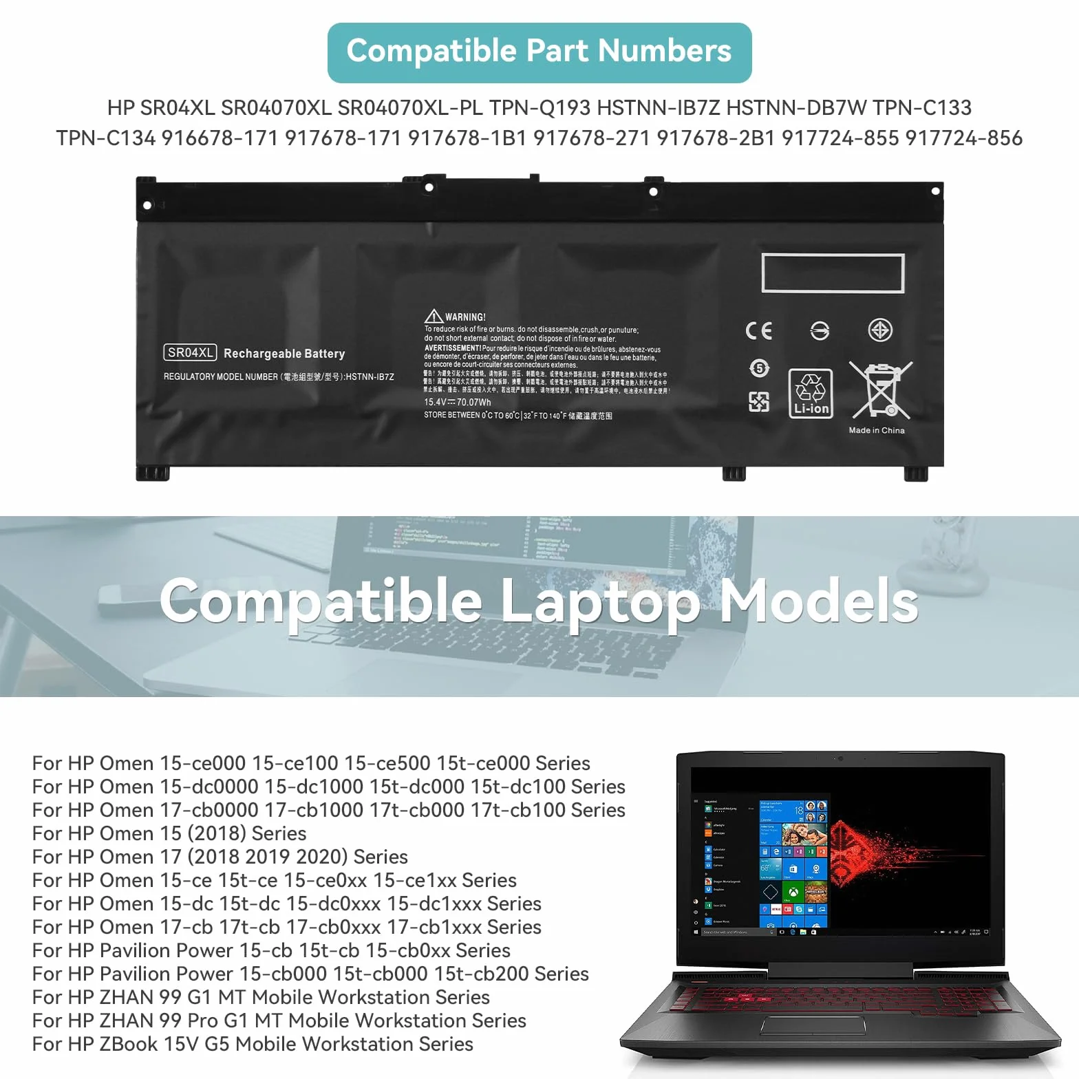 Batterie pour HP Omen 15-ce0xx 15-dc0xxx 15-dc1xxx Pavilion 15-cb0xx ZBook 15v G5 917724-855