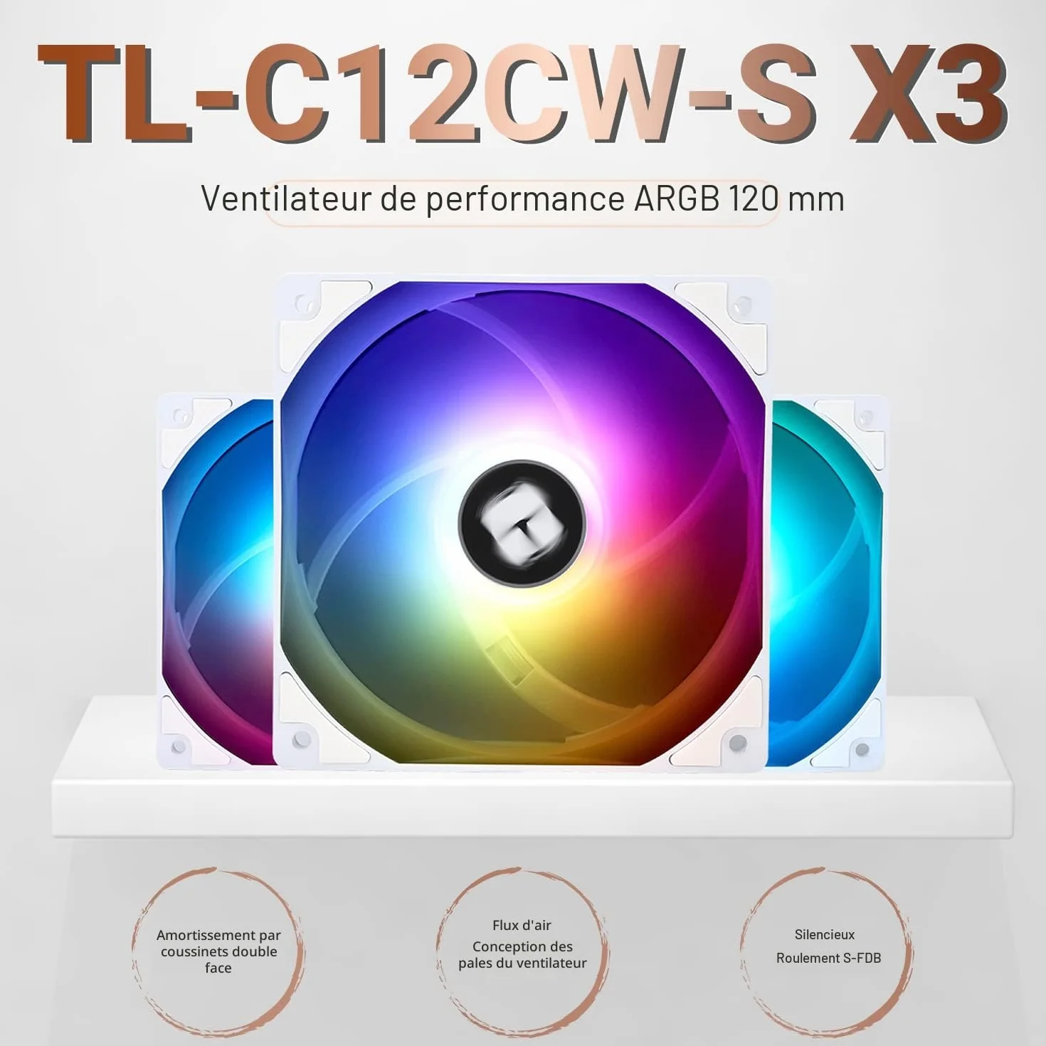 Thermalright TL-C12CW-S X3 Ventilateur de CPU 120 mm Blanc ARGB PWM silencieux avec roulement S-FDB 1550 tr/min (3 pièces)