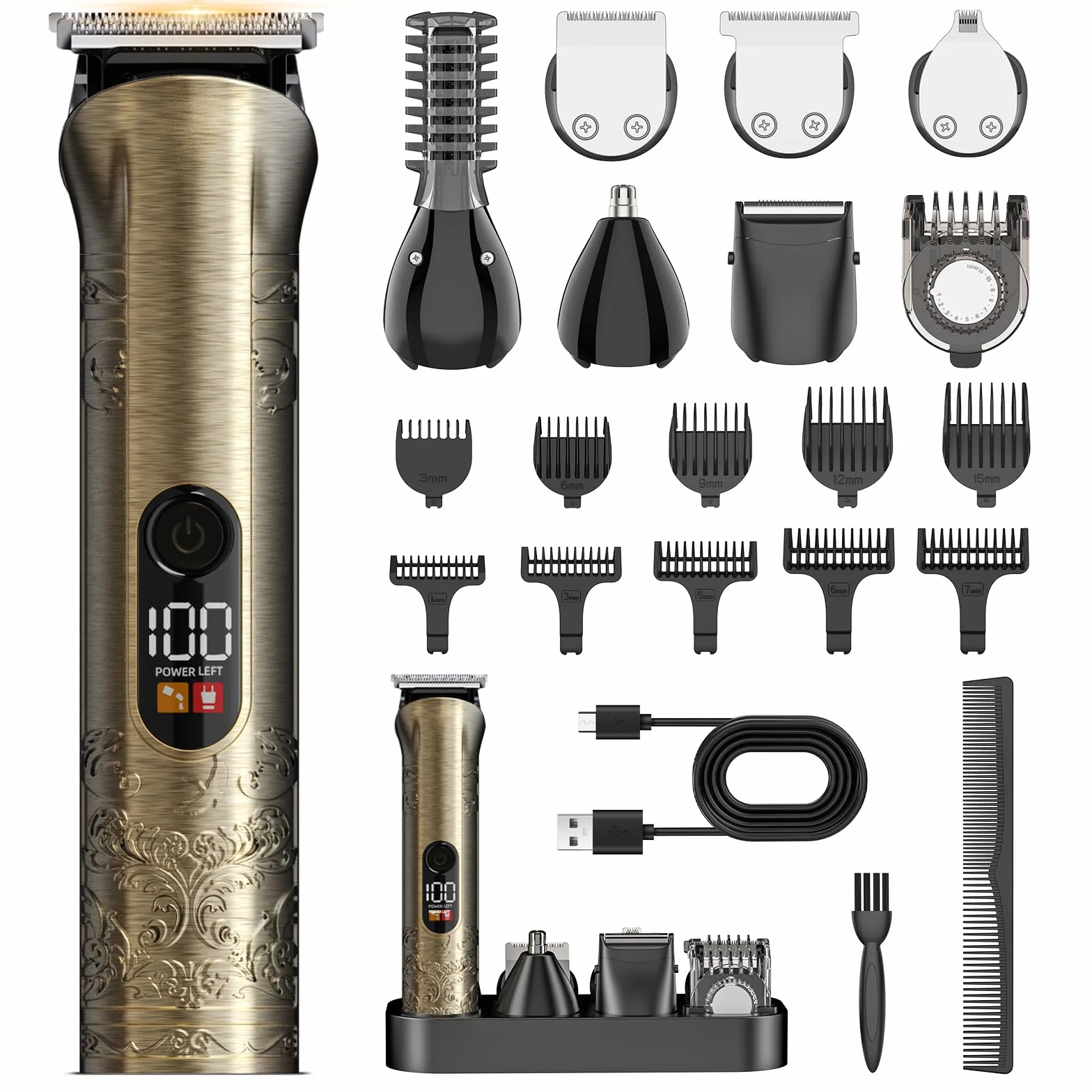 Tondeuse Cheveux Hommes Kit Professionnel 17-en-1 avec Tondeuse Barbe Écran LCD Rechargeable USB-C