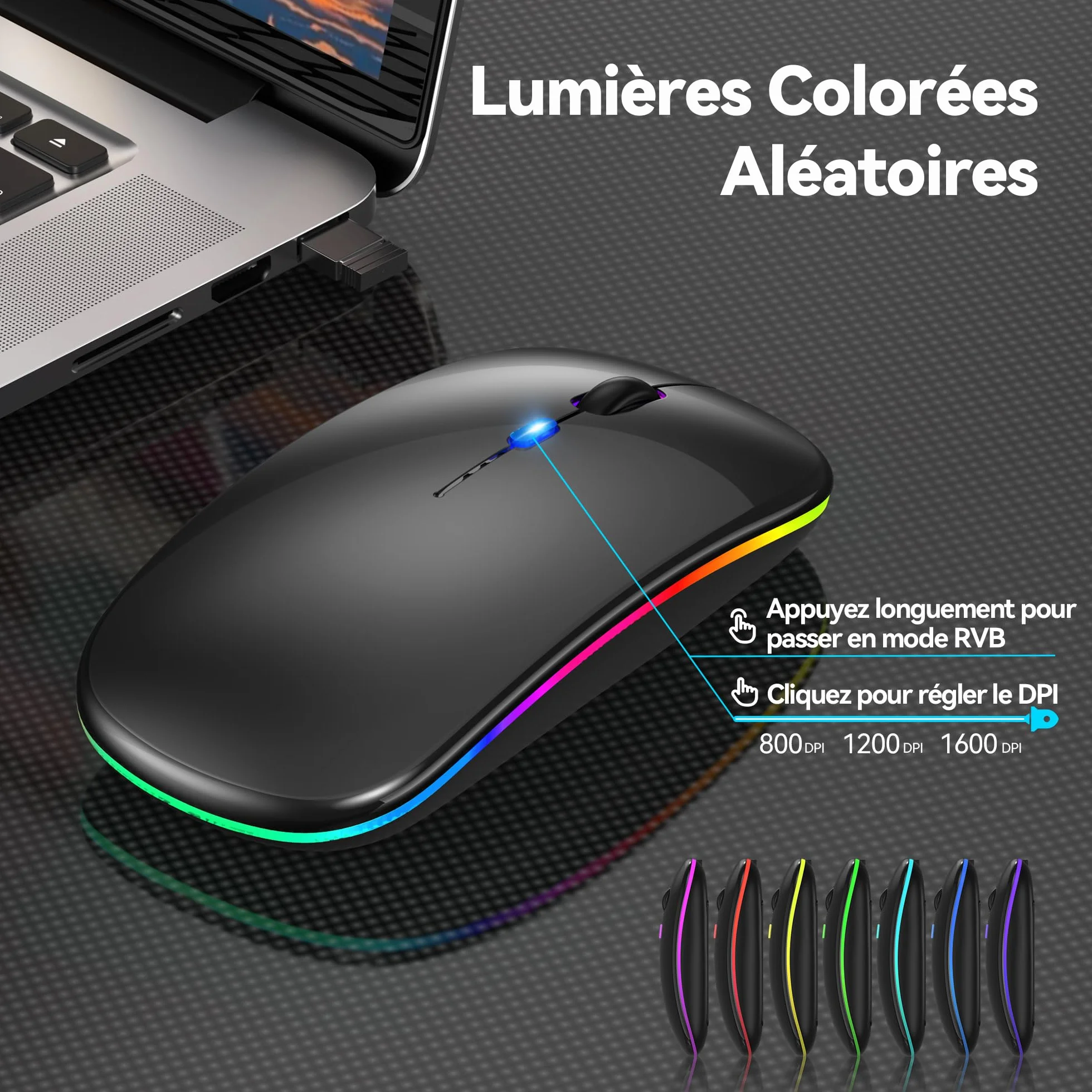 TECKNET Souris sans Fil Bluetooth 5.1 Rechargeable 1600 DPI Rétroéclairée 7 Couleurs Silencieuse Noir