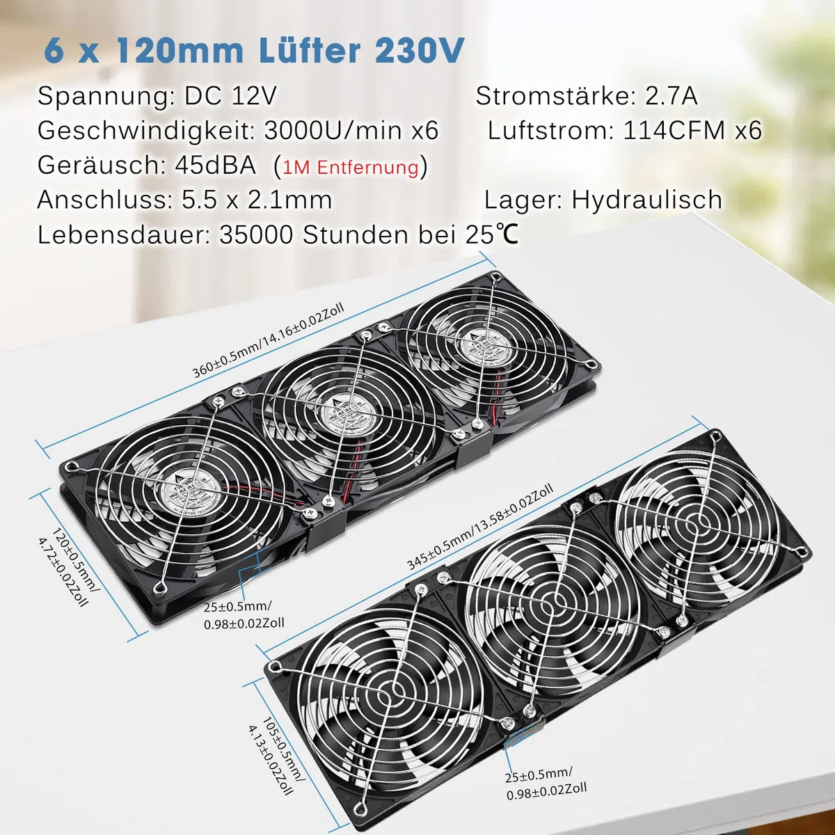 GDSTIME Lot de 6 ventilateurs 120 mm 230 V Dual 360 mm 220 V Ventilateur PC 3000 tr/min CC 4 V-12 V Vitesse réglable pour serveur d'ordinateur Serre