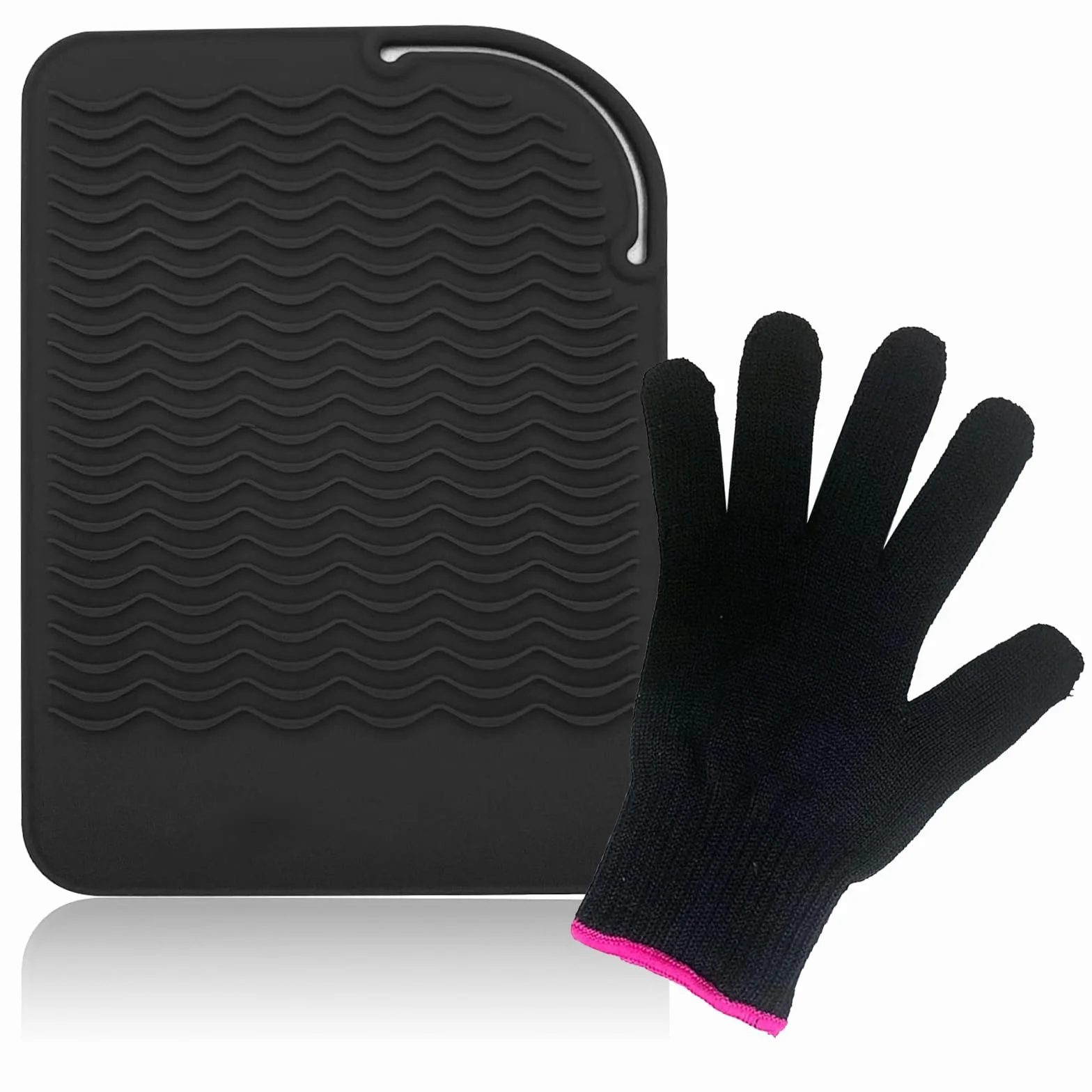 Ensemble de Protection Thermique pour Lisseur et Boucler Tapis Silicone Antidérapant Gant Résistant Chaleur Noir