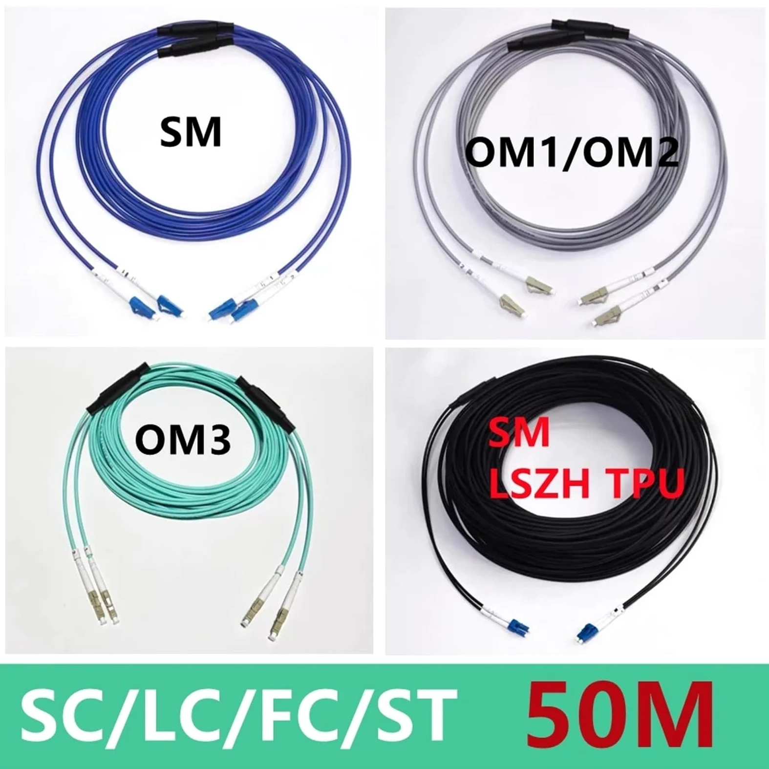 Câble patch à fibre optique blindé à 2 conducteurs de 50 m pour l'intérieur et l'extérieur (LcA-lcA, 2C gris OM1)