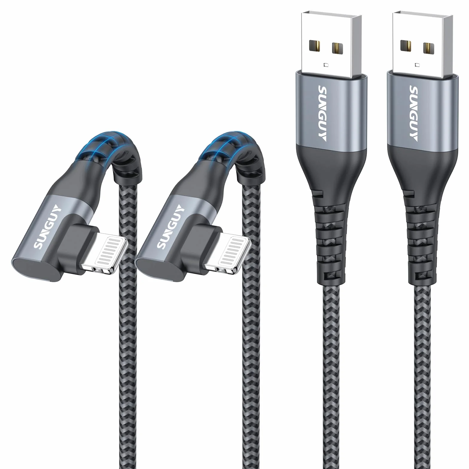 SUNGUY Câble USB-A vers Lightning coudé à 90°, 0,3m lot de 2, gaine en nylon tressé, compatible iPhone 14/13/12/11 Series X SE iPad9/mini, Gris