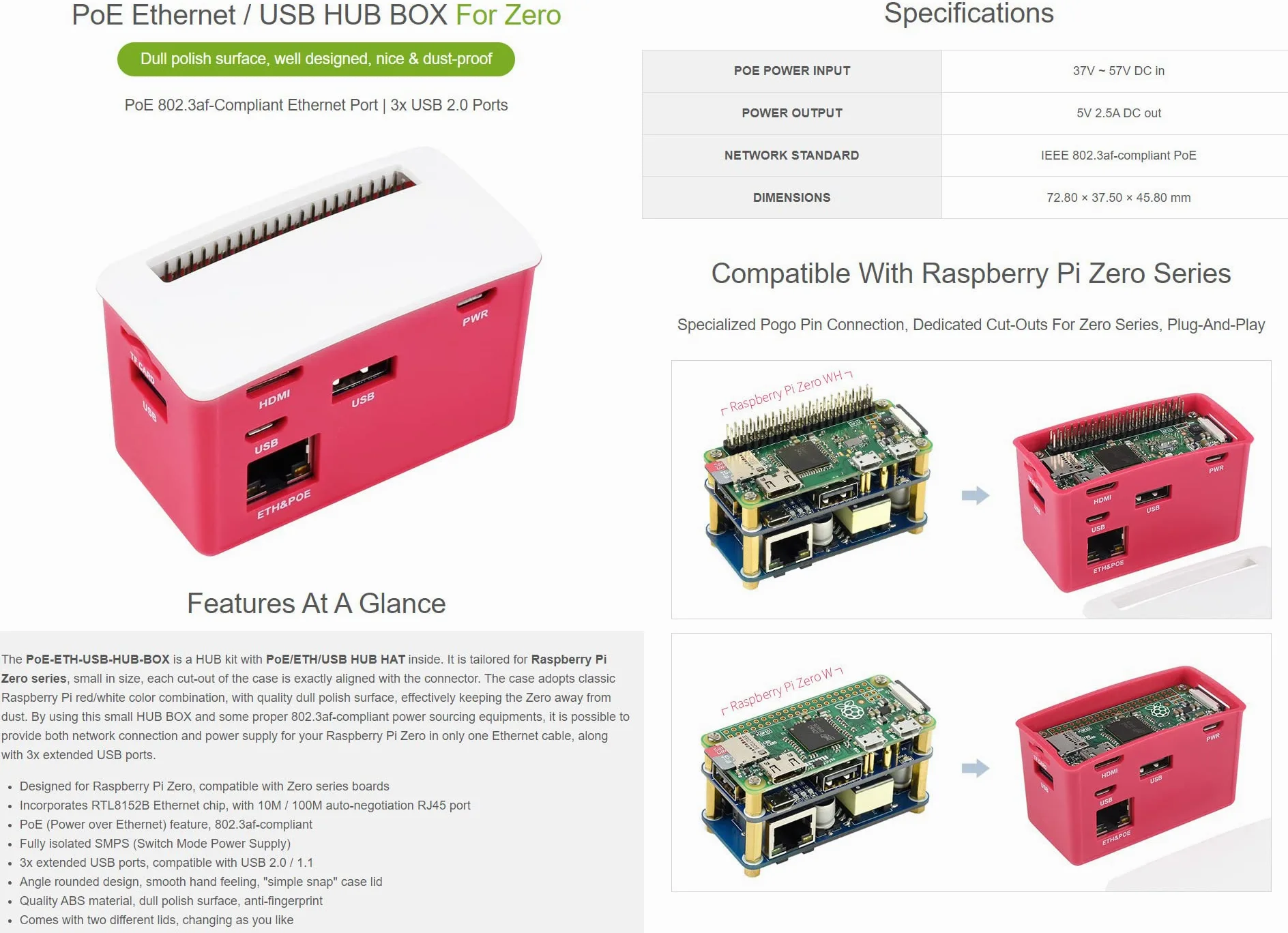 Waveshare PoE Ethernet/USB HUB Box for Raspberry Pi Zero Series 3X USB 2.0 Ports 802.3af-Compliant Compatible with Zero Series Boards