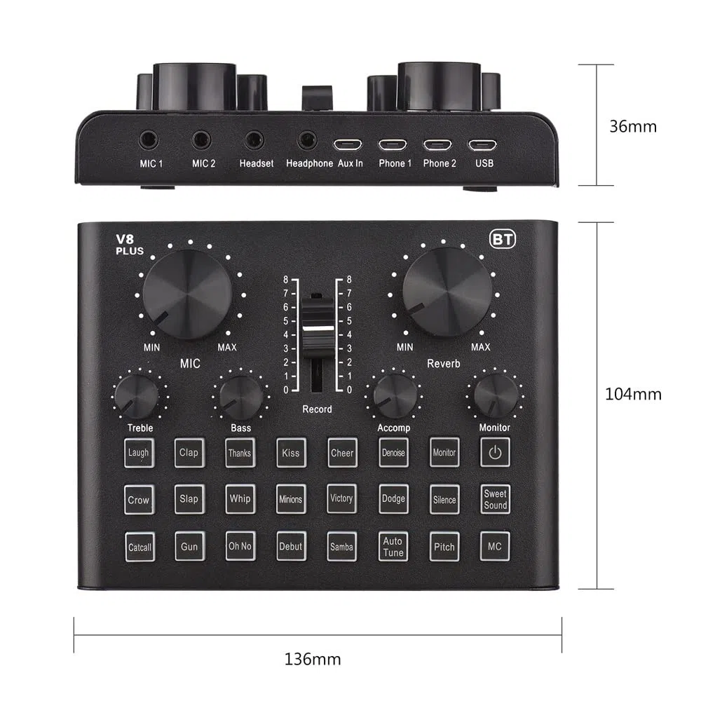 RUHEN Carte Son V8 Plus Live pour Streaming, mixeur Audio USB 15 Effets pour Microphone, changeur de Voix
