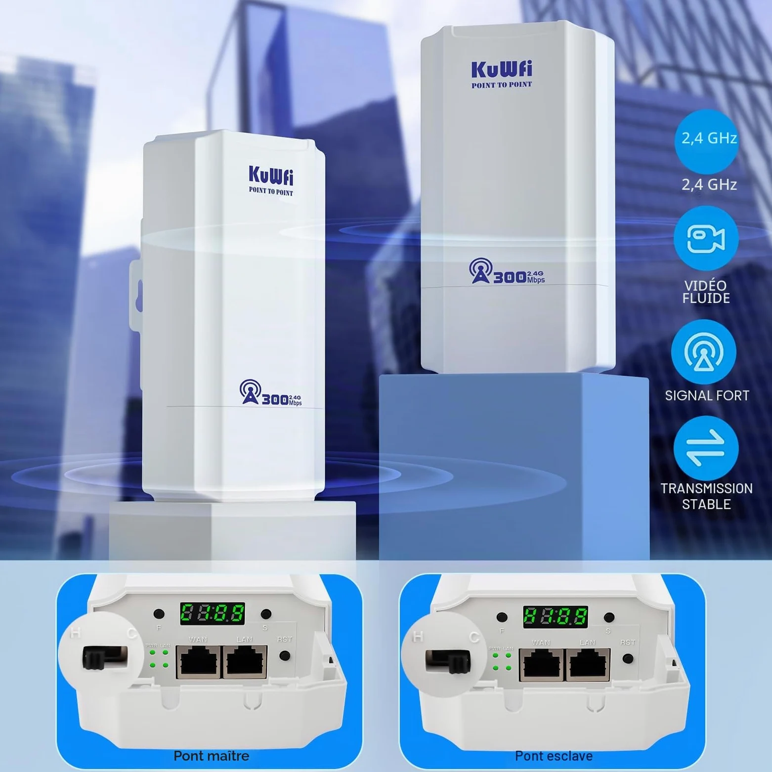Point d'accès externe, pont sans fil KuWFi 2,4 GHz 300 Mbps, antenne Wi-Fi externe 8 dBi CPE avec écran LED pour la configuration WDS PT/PTMP, Wi-Fi point à point longue portée 1 km pour routeur/camér