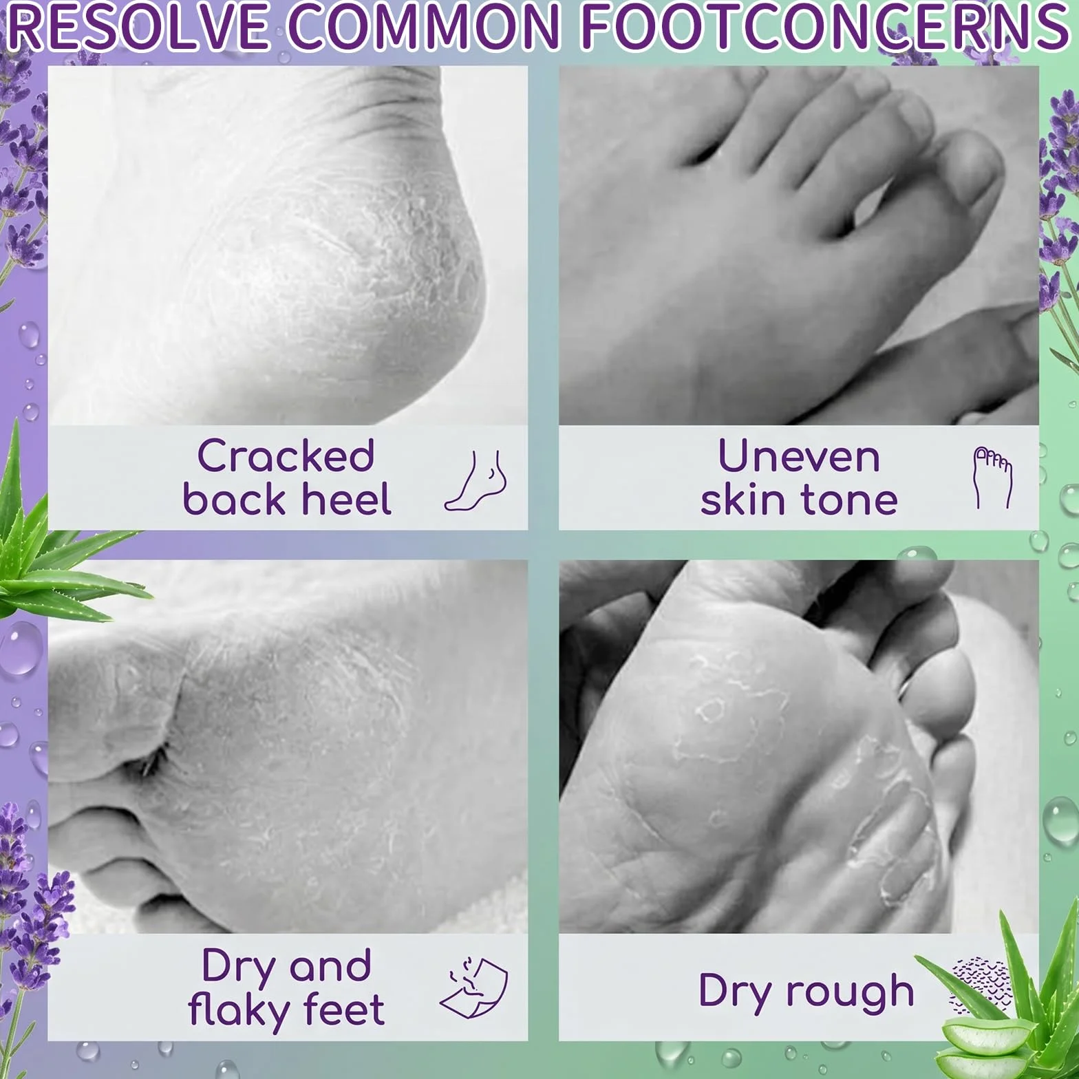 Masque Pied Peeling Exfoliant Aloe Vera Lavande, Soin Pied Éliminer Callosités Peaux Mortes Hydratation Intense