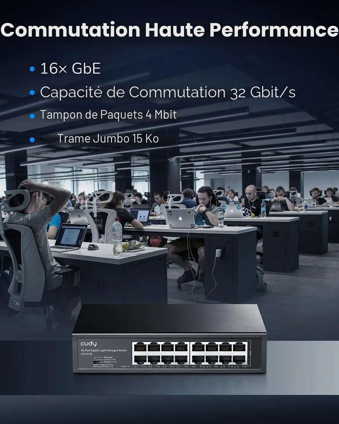 Cudy Commutateur Intelligent Gigabit à 16 Ports, 32 Gbit/s, GS1016E | 16 ports GbE, transfert à débit de ligne, isolation des ports/mode 250 m, boîtier SPCC, 200 × 118 × 44 mm, profe