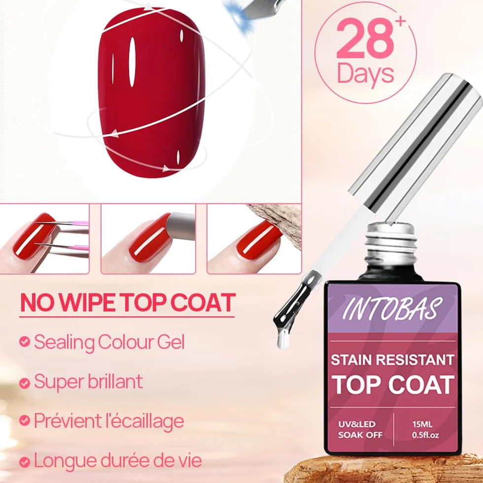 INTOBAS Base et Top Coat Vernis Semi Permanent 2x15ML Kit UV LED Gel Manucure Longue Durée Nail Art