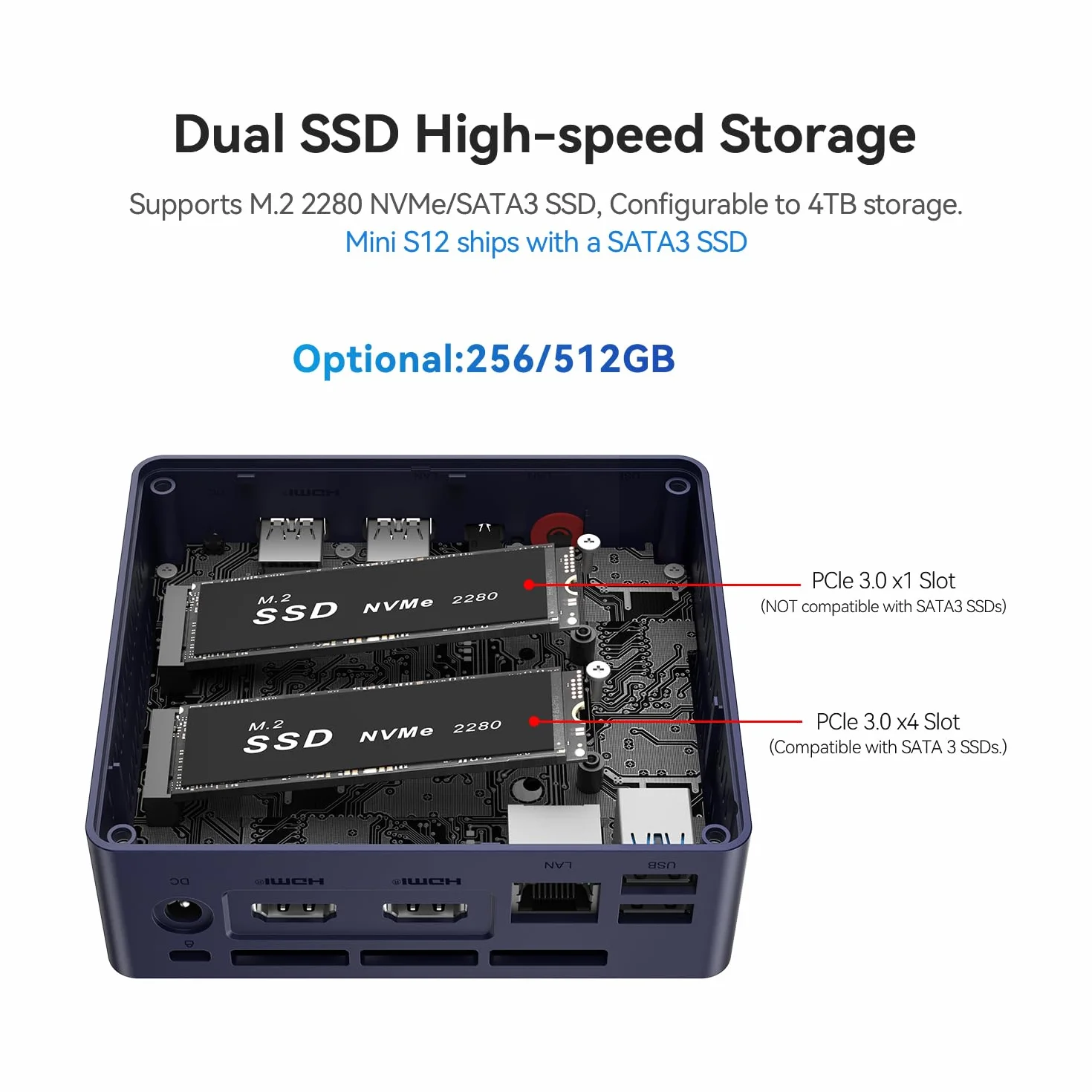 Beelink Mini PC, Mini S12 Intel 12th Alder Lake-N N95 (4C/4T, jusqu'à 3,4GHz), 12Go LPDDR5 RAM 512Go M.2 2280 SSD, Mini Ordinateur de Bureau 4K Dual HDMI/WiFi5/BT4.2/2.5G LAN pour la Maison/Bureau