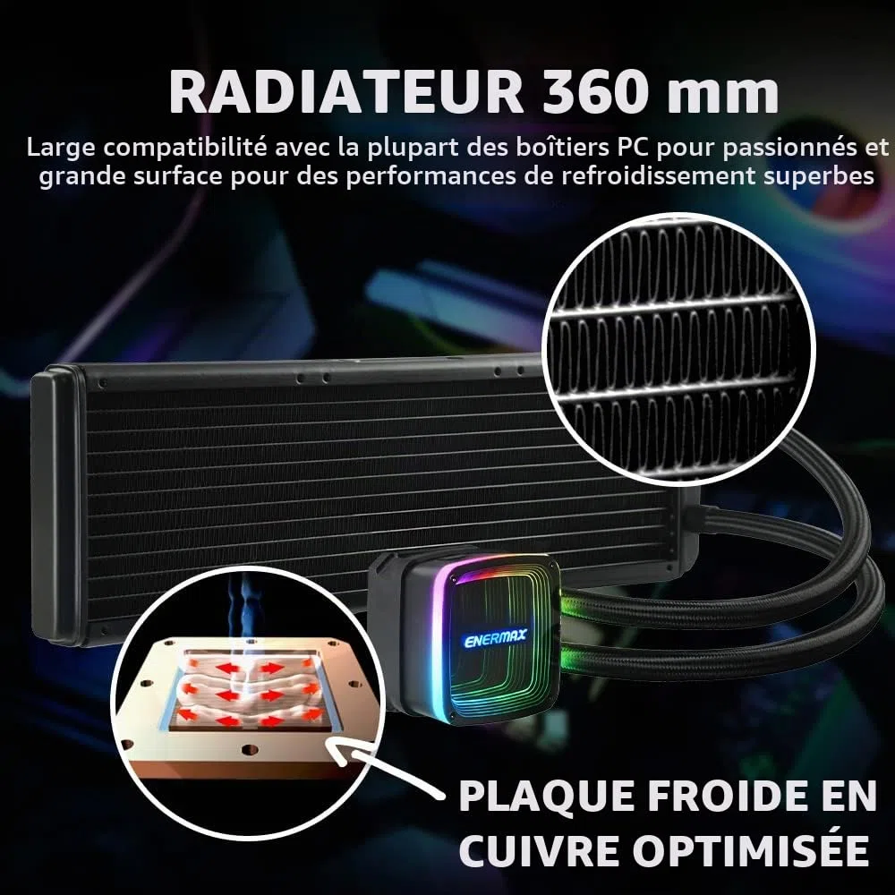 ENERMAX Watercooling AQUAFUSION ADV 360 mm, Refroidisseur liquide de processeur INTEL et AMD Tout-en-Un (AIO), Noir