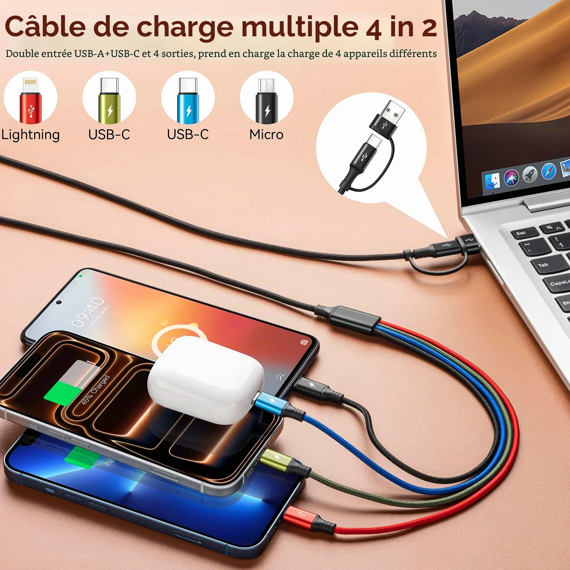 Minlu Câble de Charge Double Type C, Multi USB 4 en 2 [3,5A 1,8M] Charge Rapide USB A/C vers 2*USB-C+Lightning+Micro pour iPhone/Galaxy/Android/Tablette