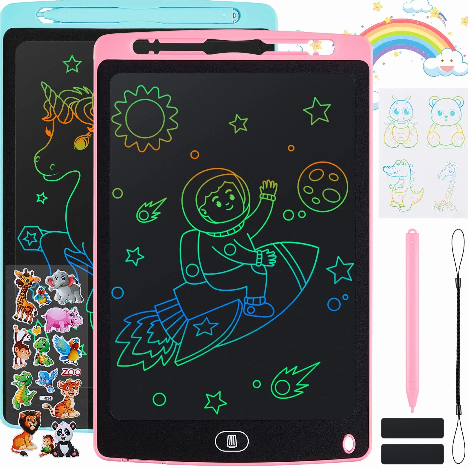 Tablette D'écriture LCD 10 Pouces avec Ecran Coloré, Bloc Effaçable Autocollants Animaux pour Enfants 3-6 Ans, Bleu + Rose