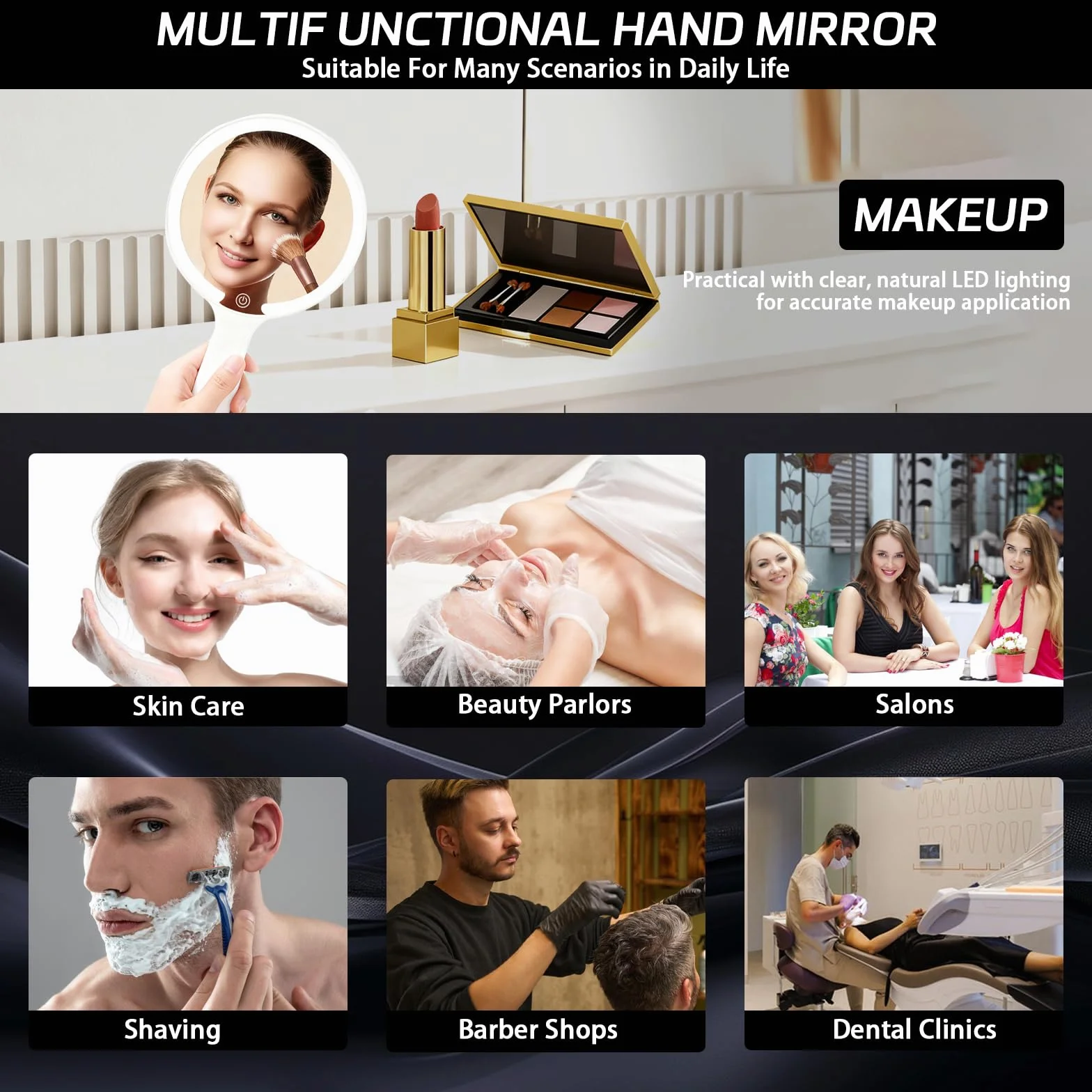 Miroir à Main avec Poignée Lumineux Portable, 3 Couleurs Claires, Interrupteur Tactile, Rond