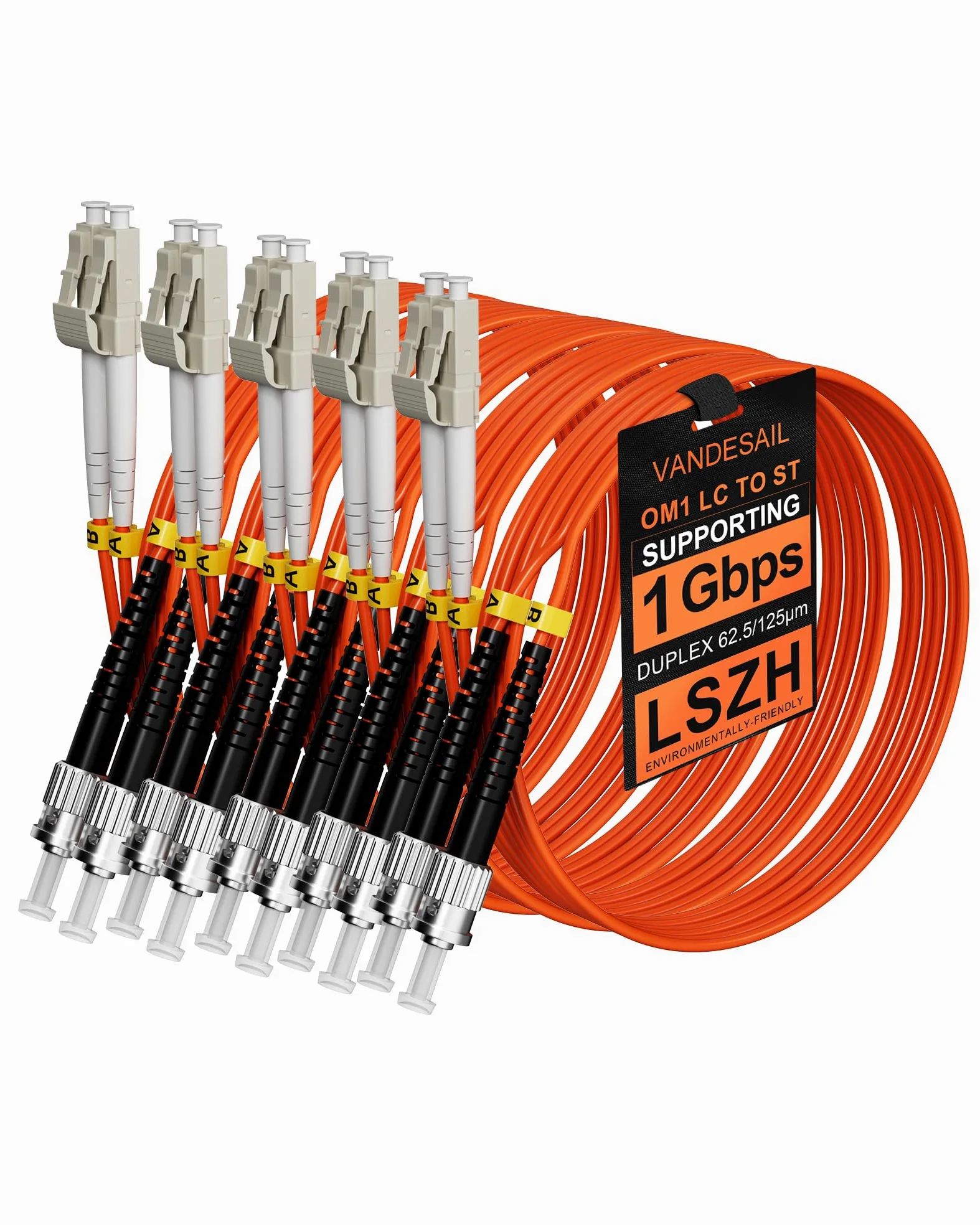 Lot de 5 câbles de raccordement en fibre optique multimode LC vers ST OM1, 1 m duplex MM 62,5/125 µm LSZH pour émetteurs-récepteurs à fibre optique - 1 m