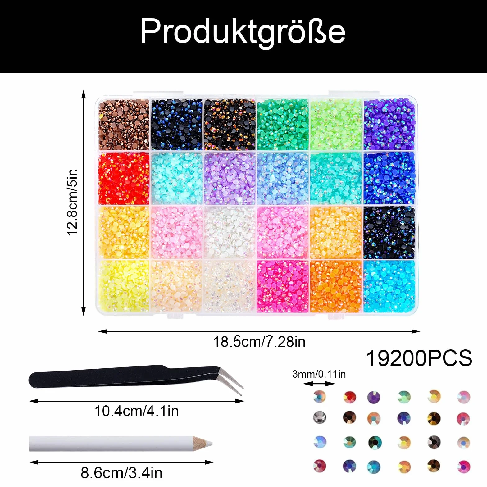 Strass pour ongles 3 mm 24 couleurs 19200 pcs kit DIY avec pince à épiler et stylo
