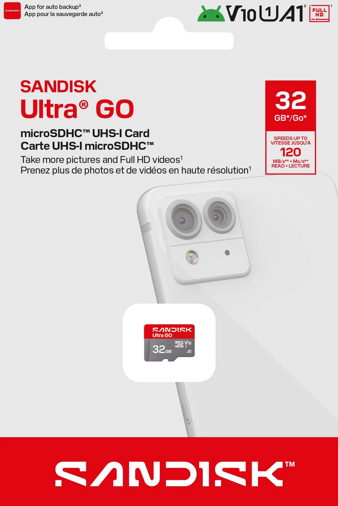 SANDISK Ultra Go Carte microSD UHS-I, jusqu'à 120 Mo/s, vidéo Full HD, carte mémoire pour smartphones Android, tablettes