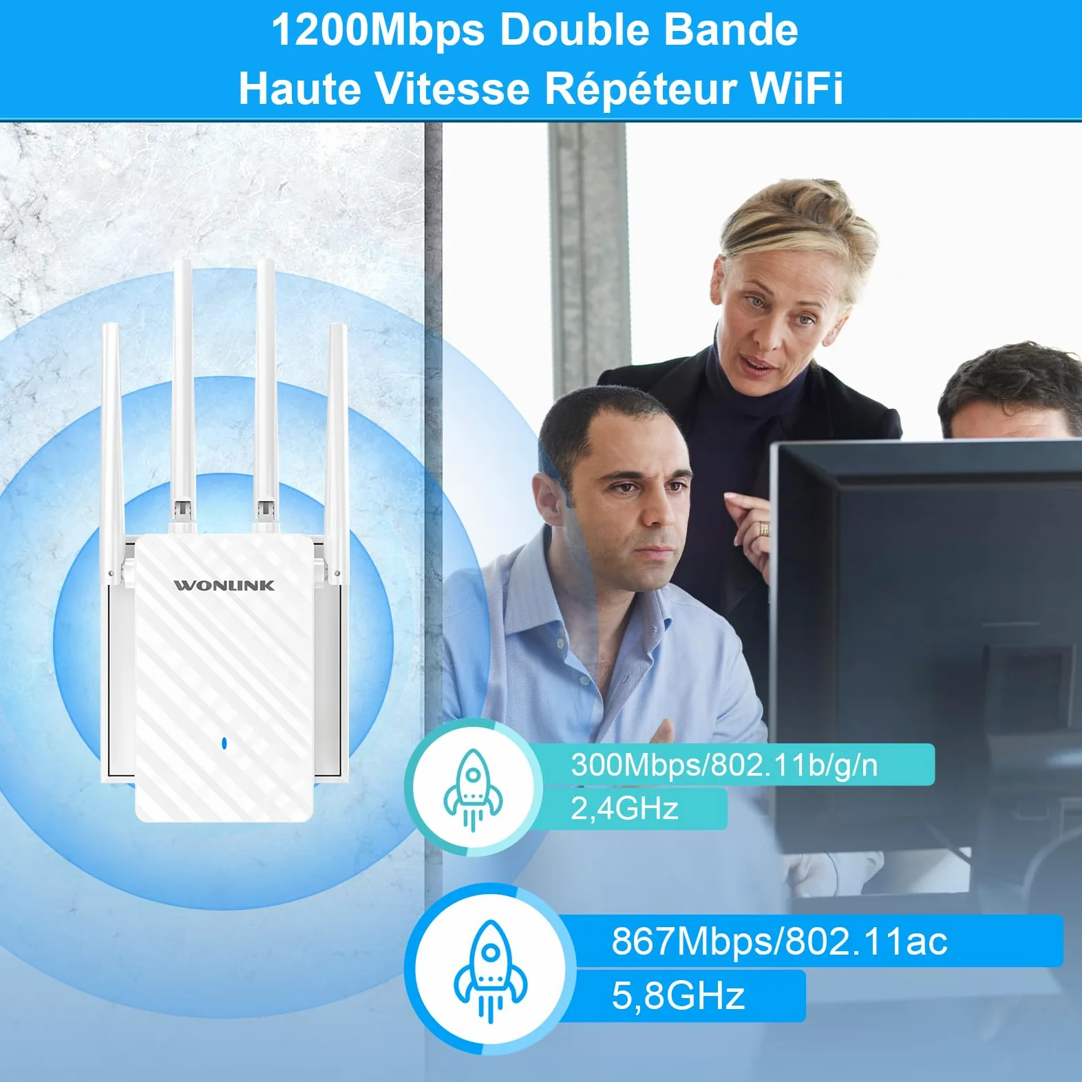 Répéteur WiFi Puissant AC1200, Repeteur WiFi Double Bande 5GHz et 2,4GHz 1200Mbps Amplificateur WiFi avec Port Ethernet, 4 Antennes, WPS, Compatible avec Toutes Les Box Internet