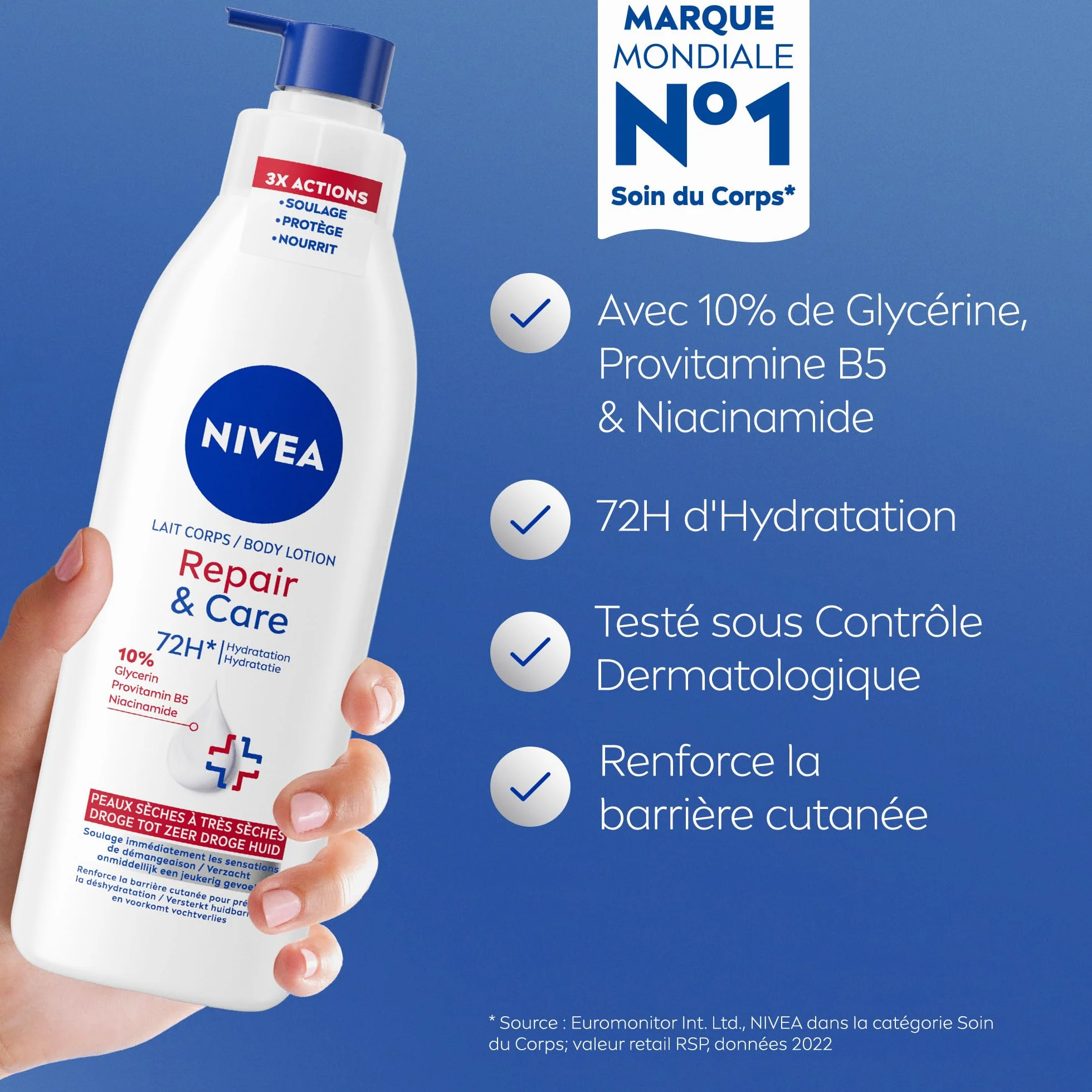NIVEA REPAIR & CARE Lait Réparateur Corps Peaux Très Sèches 250 ml Hydratant Glycérine Provitamine B5 Niacinamide