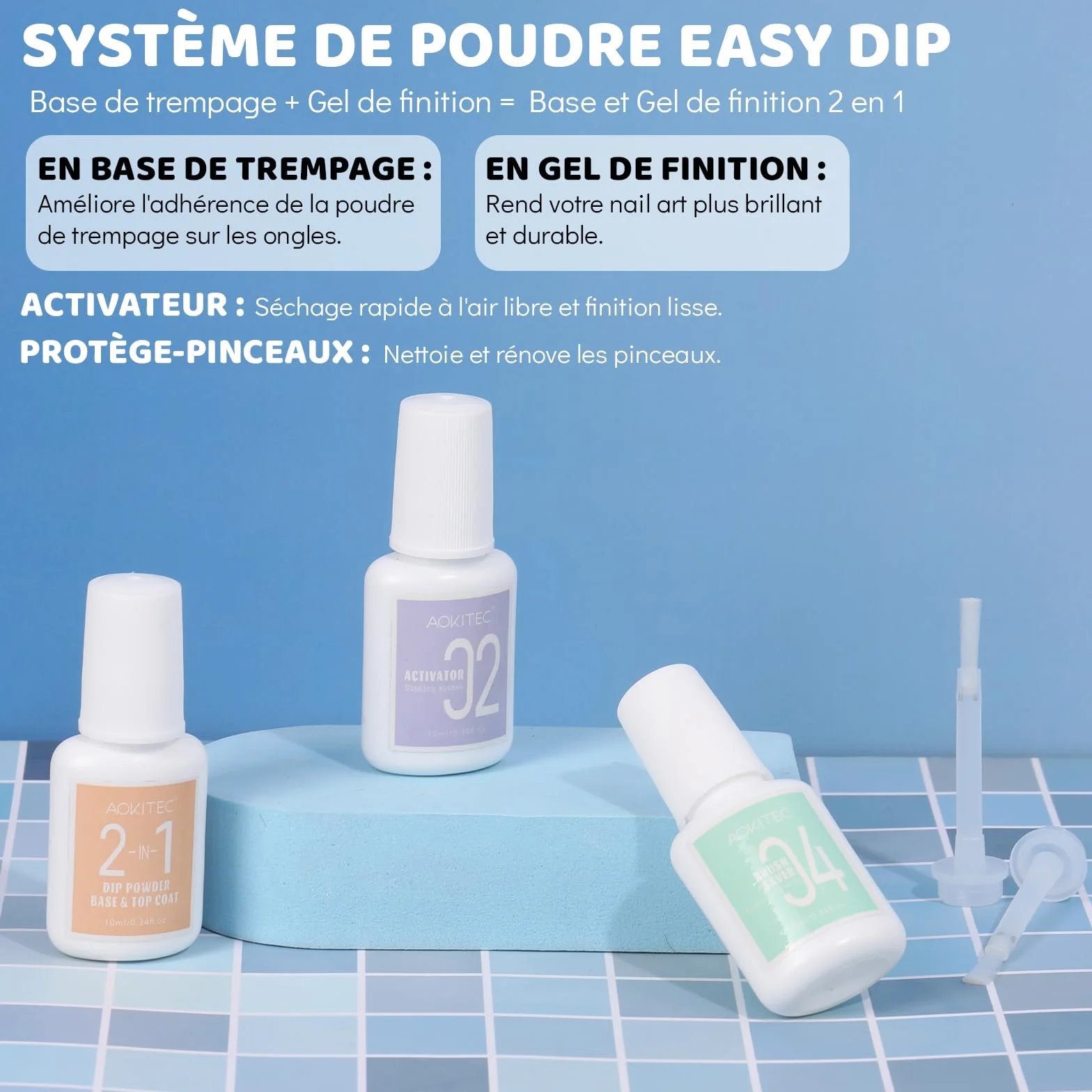 Aokitec Kit de poudre de trempage pour ongles bleue scintillante avec liquide - Nail art acrylique
