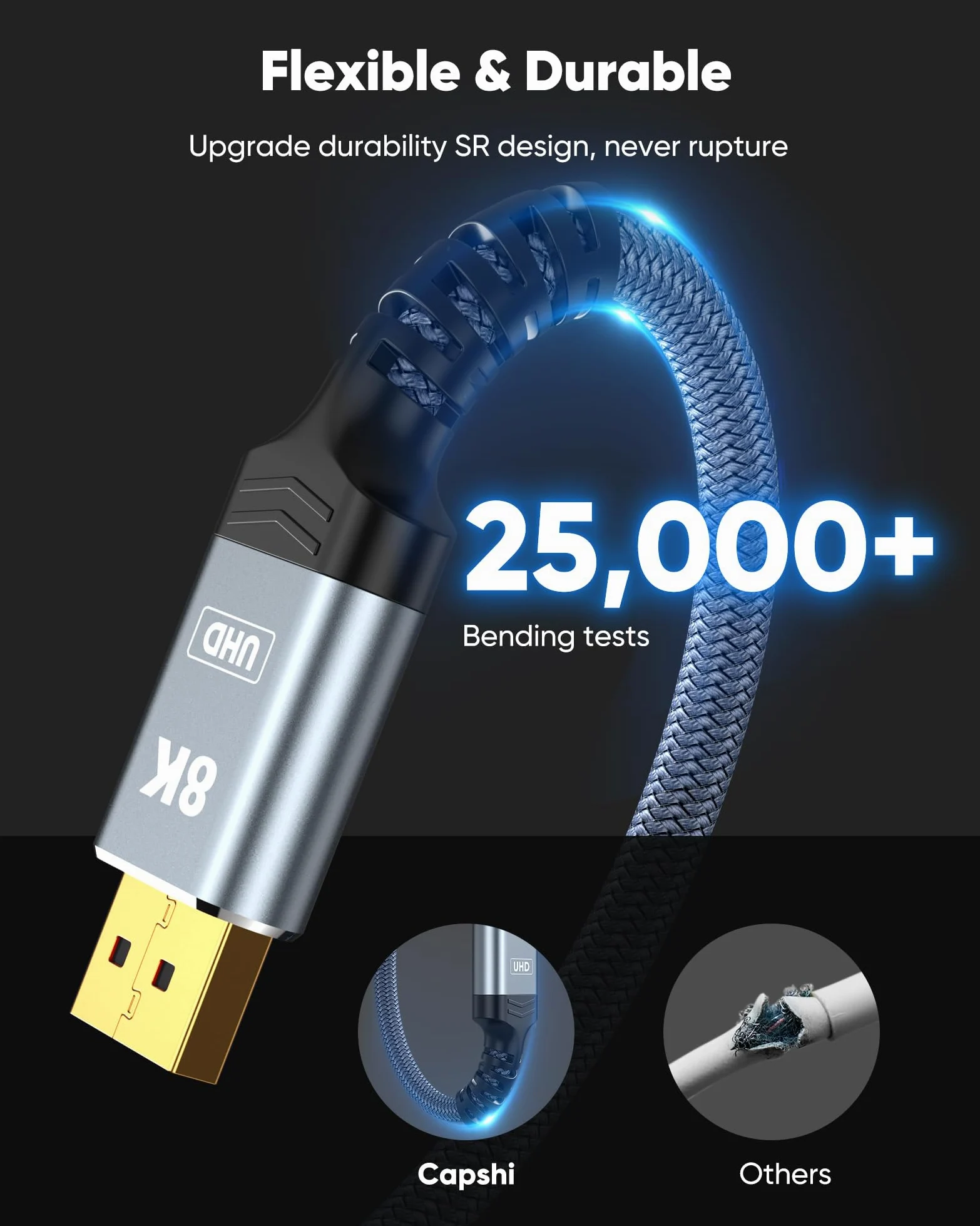 Capshi Câble DisplayPort 8K 4K 1.4, cordon DP en fibre optique de 30,5 m (8K @ 60 Hz, 4K @ 144 Hz, 2K @ 240 Hz/165 Hz), câble de port d'affichage haute vitesse 32,4 Gbit/s pour moniteur de jeu, HDR