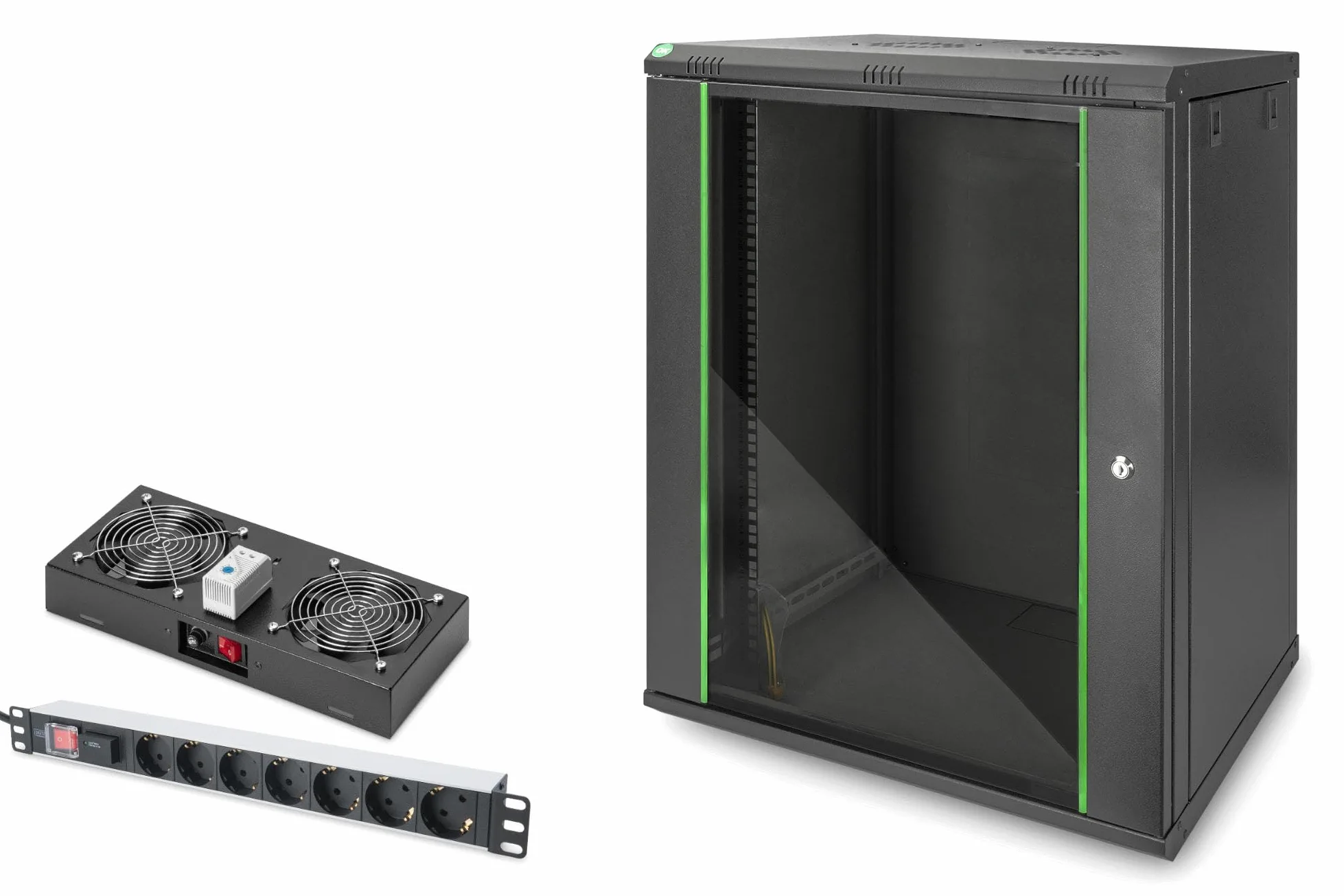 DIGITUS Set: Armoire réseau 19" 16U + Ventilateur de Toit + Bloc multiprise 7 Ports // Rack 19 Pouces - Montage Mural - Profondeur 450mm - Charge 60kg - Profondeur utile 335-380 mm - Noir