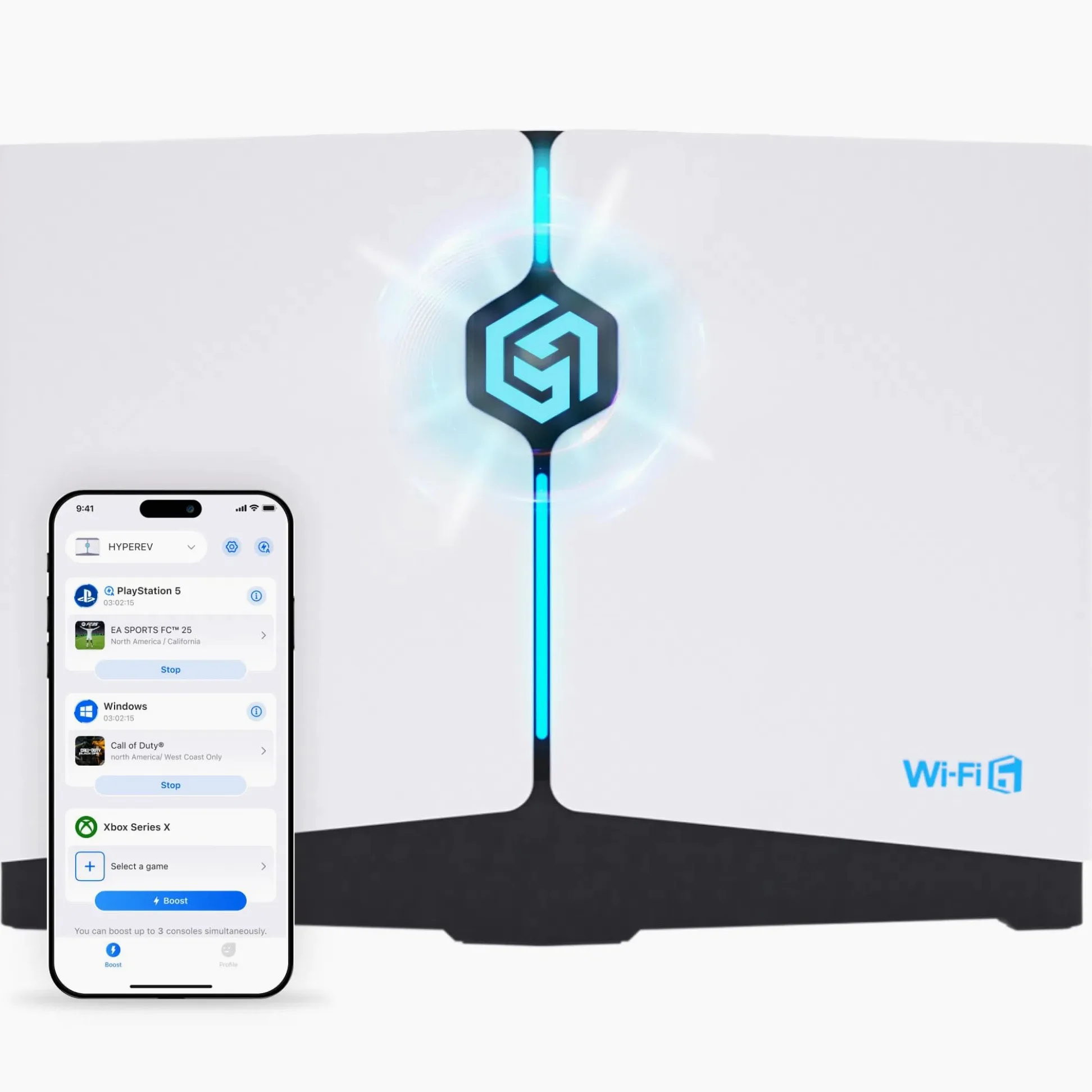 HYPEREV Routeur de jeu WiFi Booster – Abonnement gratuit GearUP Booster de 90 jours, amplificateur de jeu pour PC et consoles AX3000, WiFi 6 double bande, 2402 Mbit/s 5 GHz et 2,4 GHz (Plan de base